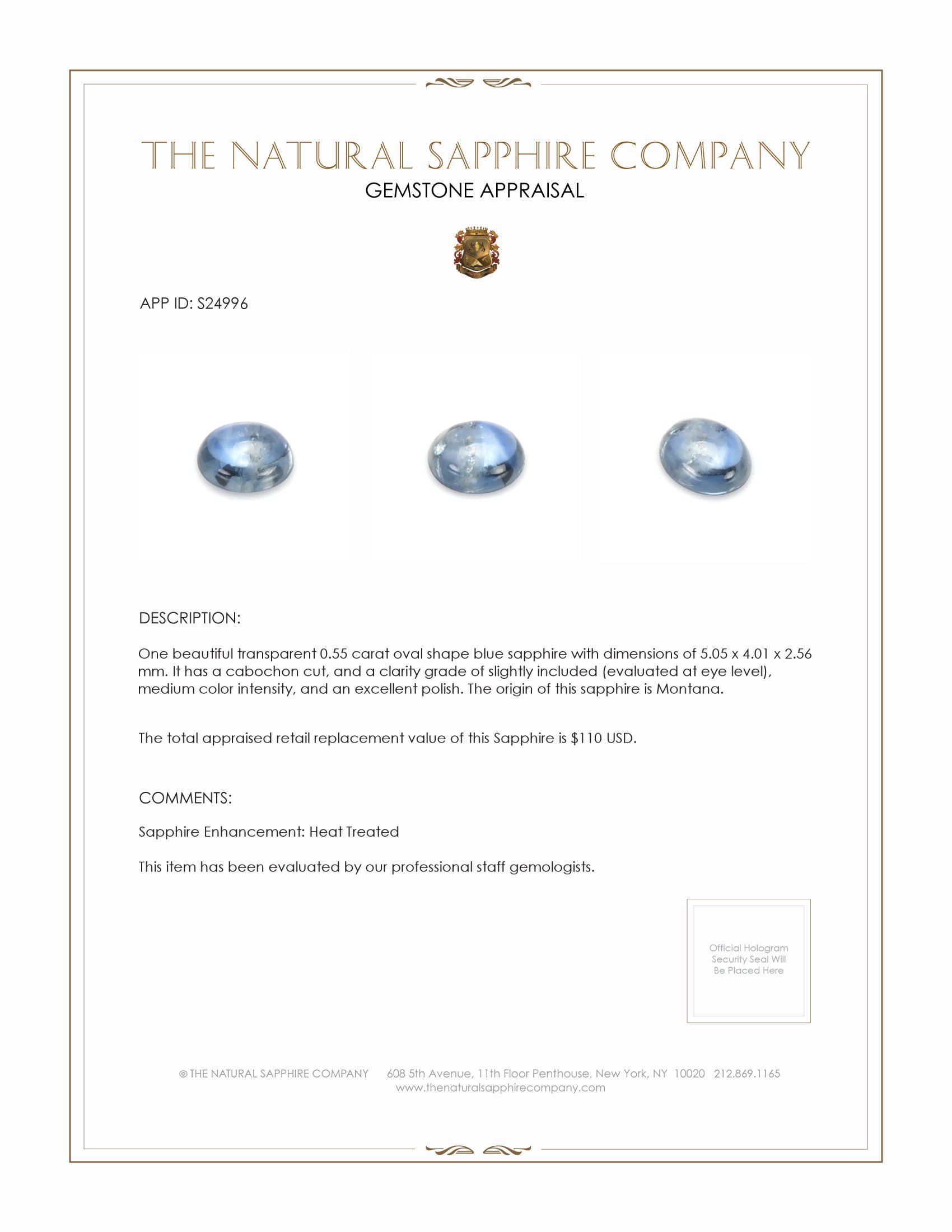 0.55 Ct. Blue Cabochon Sapphire from Montana