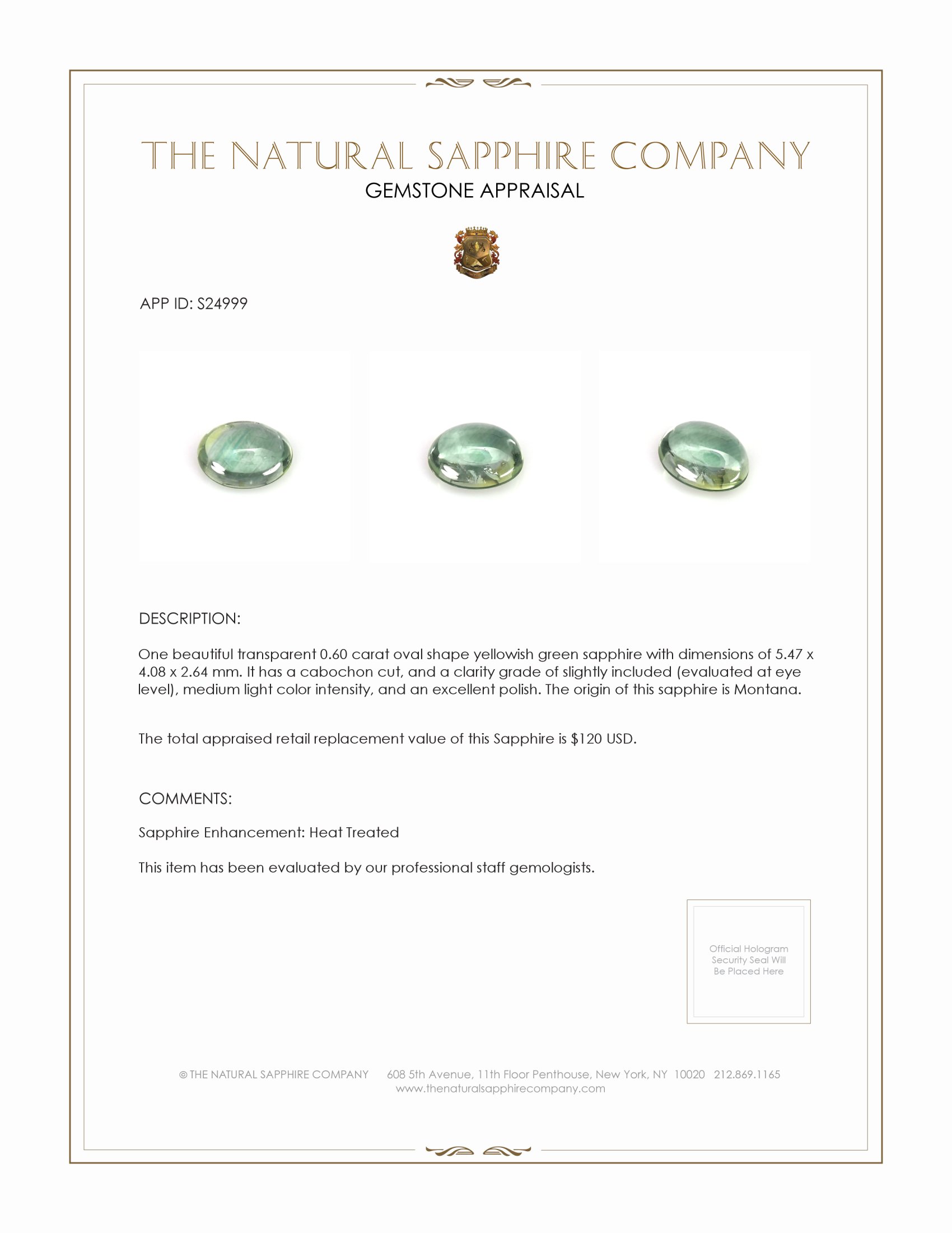 0.60 Ct. Yellowish Green Cabochon Sapphire from Montana