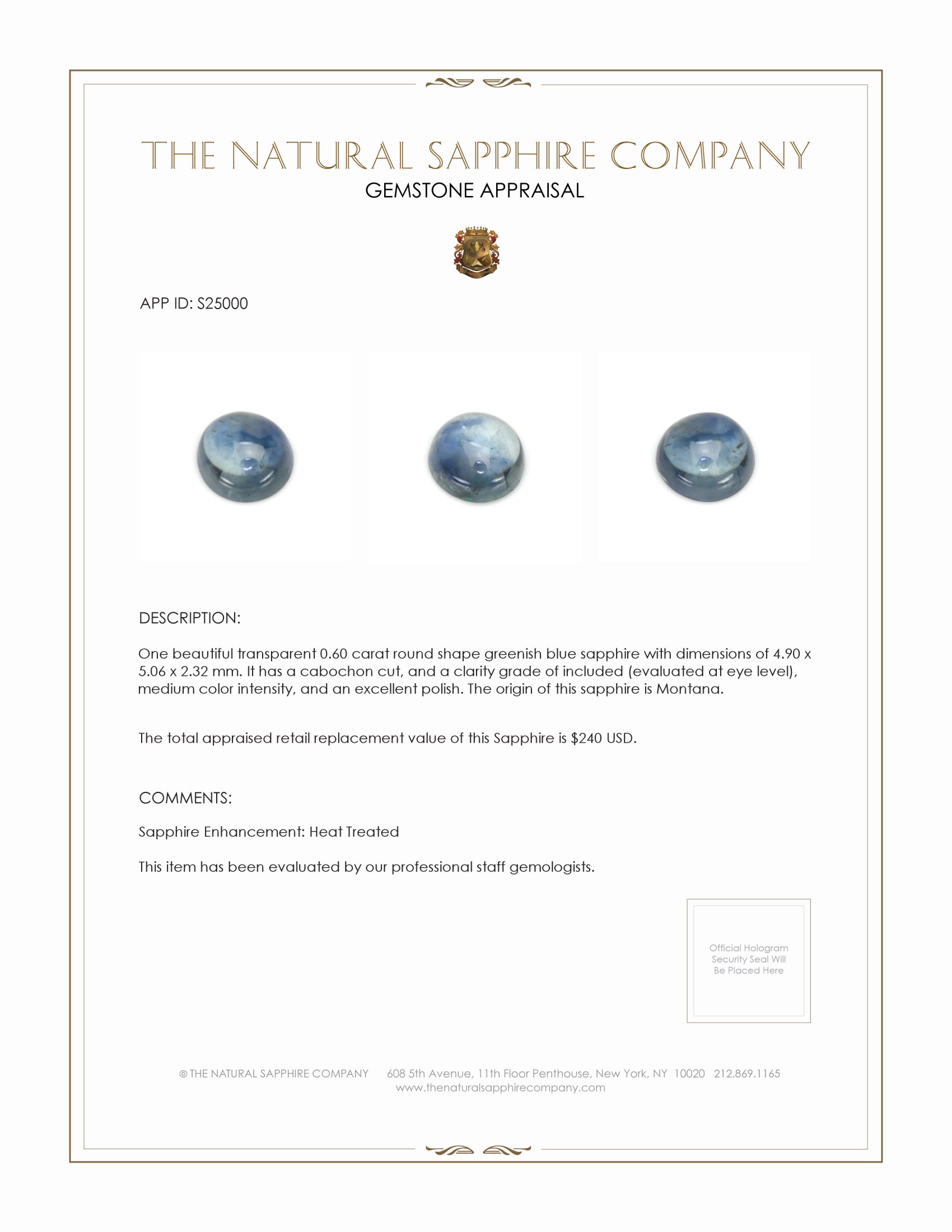 0.60 Ct. Greenish Blue Cabochon Sapphire from Montana