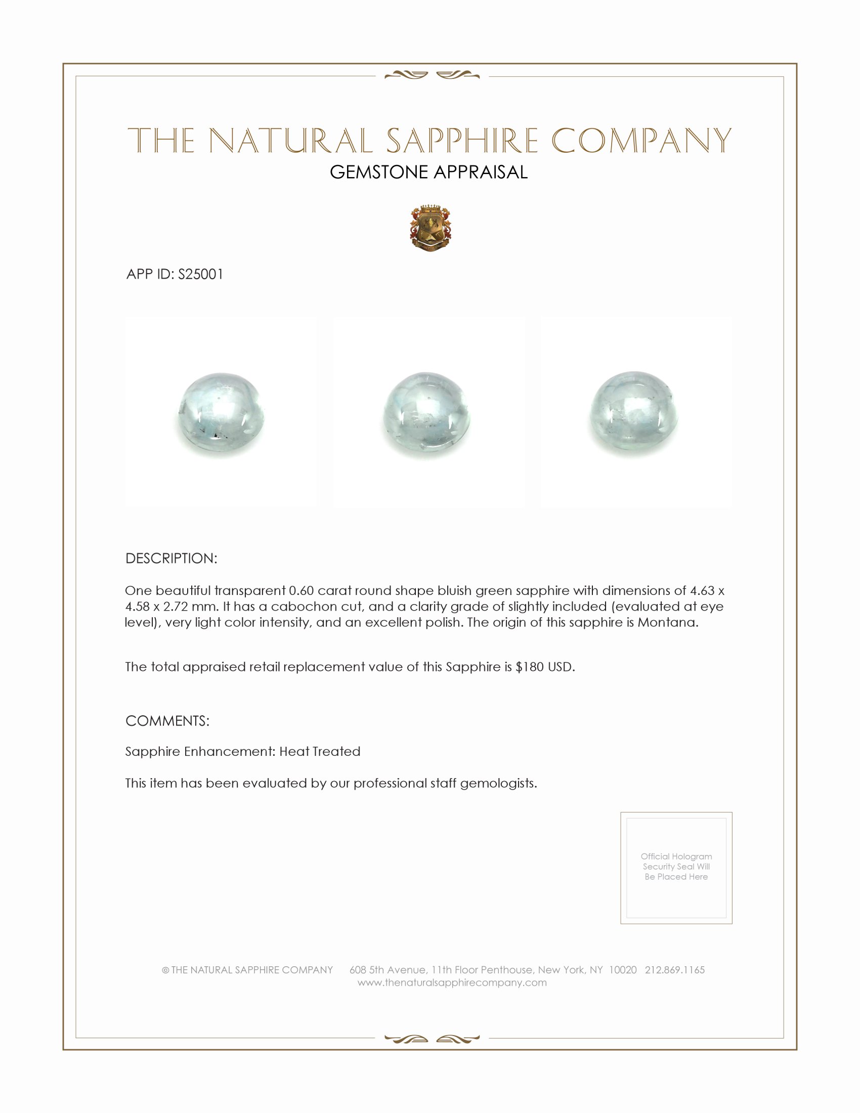 0.60 Ct. Bluish Green Cabochon Sapphire from Montana