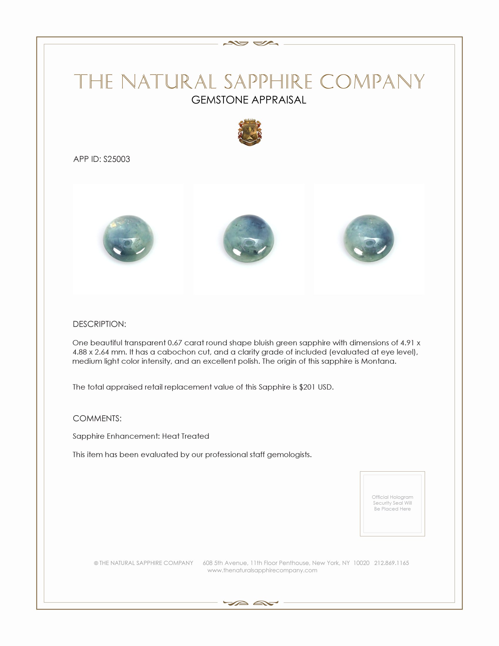 0.67 Ct. Greenish Blue Cabochon Sapphire from Montana