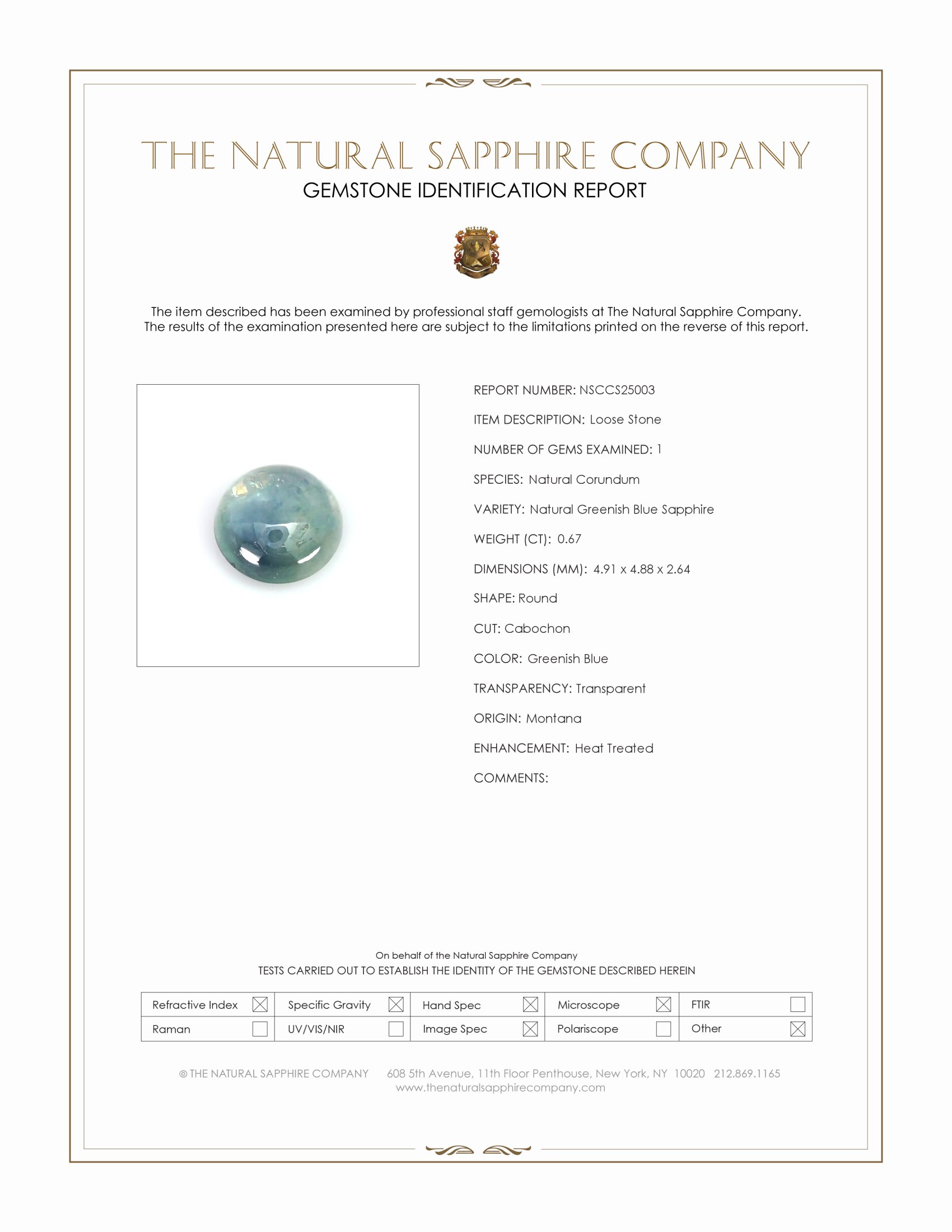 0.67 Ct. Greenish Blue Cabochon Sapphire from Montana