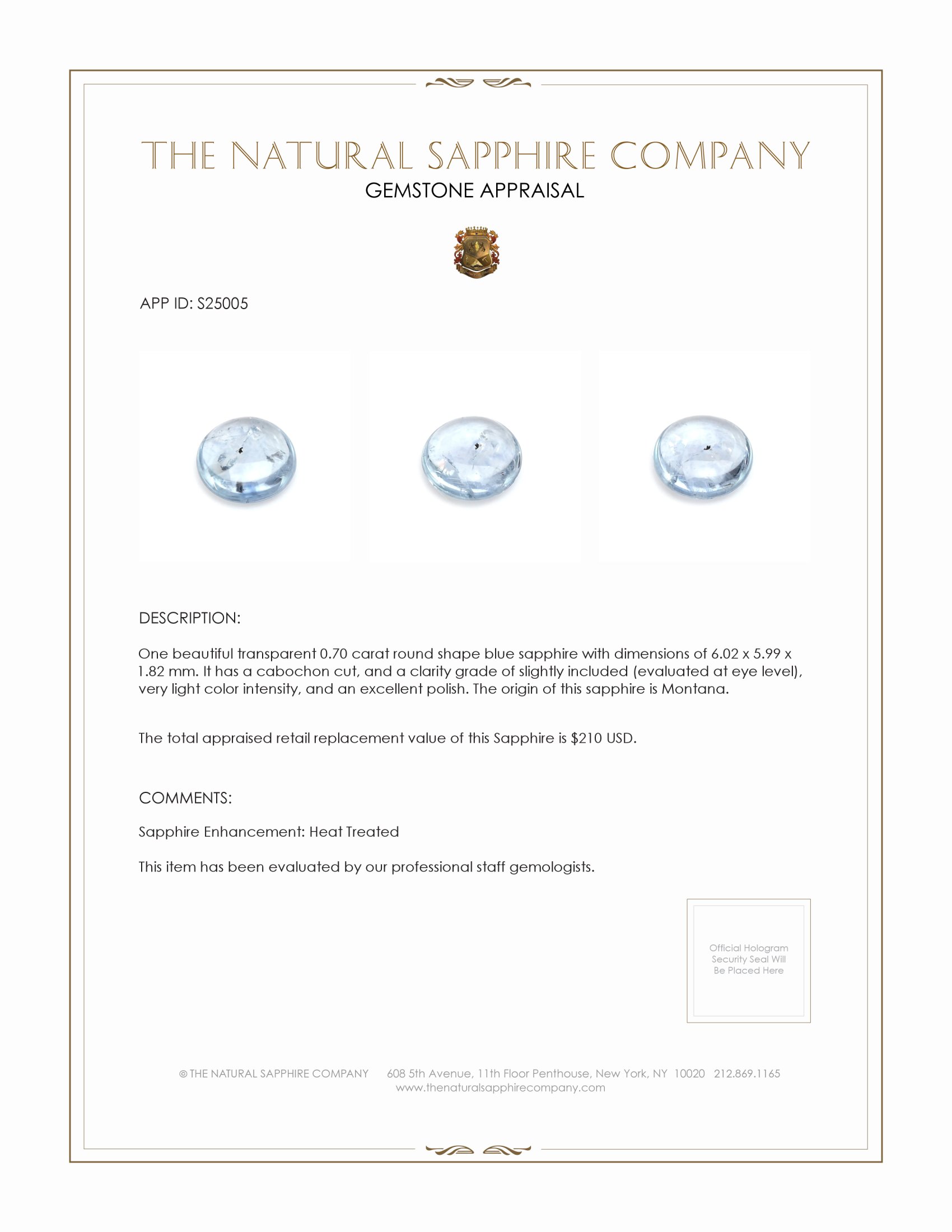 0.70 Ct. Blue Cabochon Sapphire from Montana