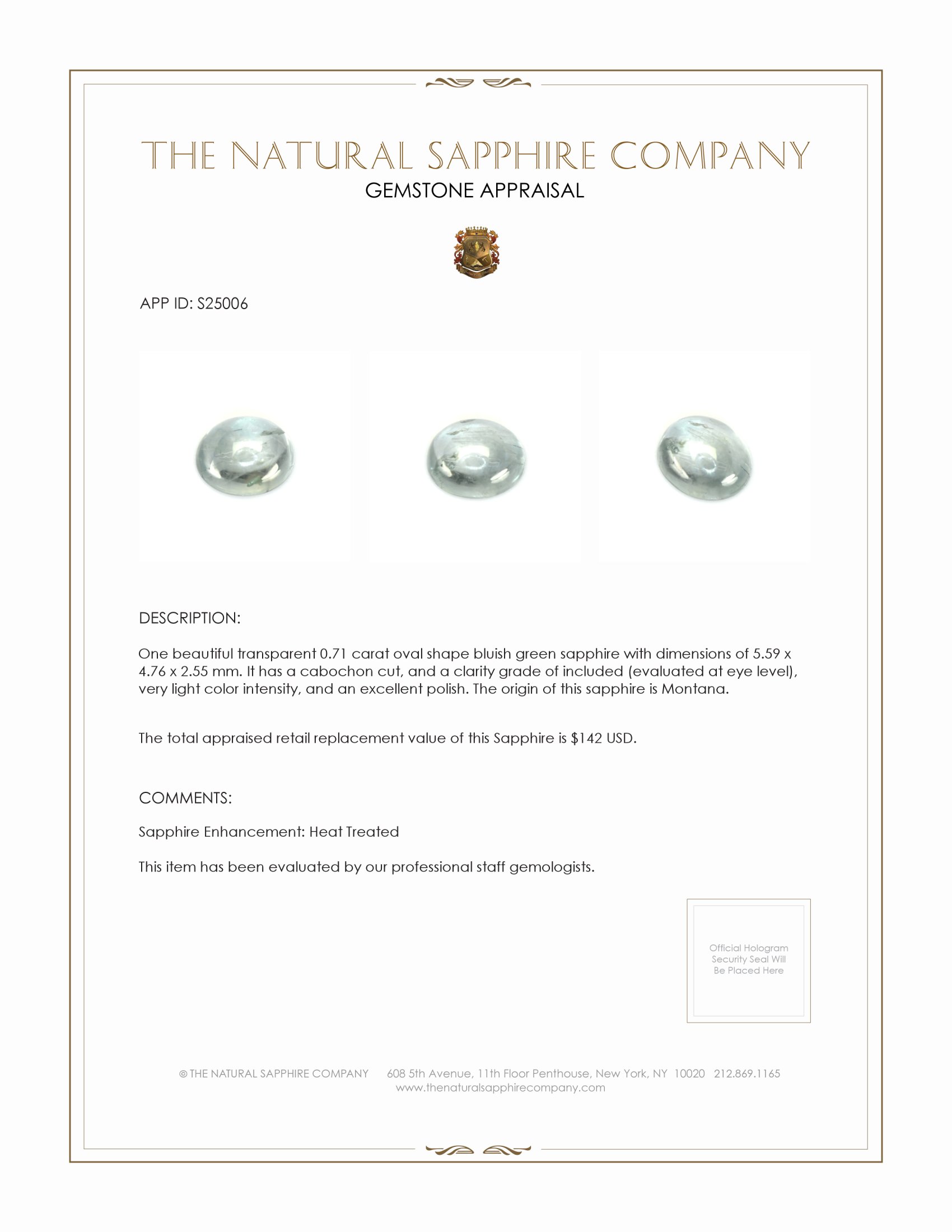 0.71 Ct. Bluish Green Cabochon Sapphire from Montana