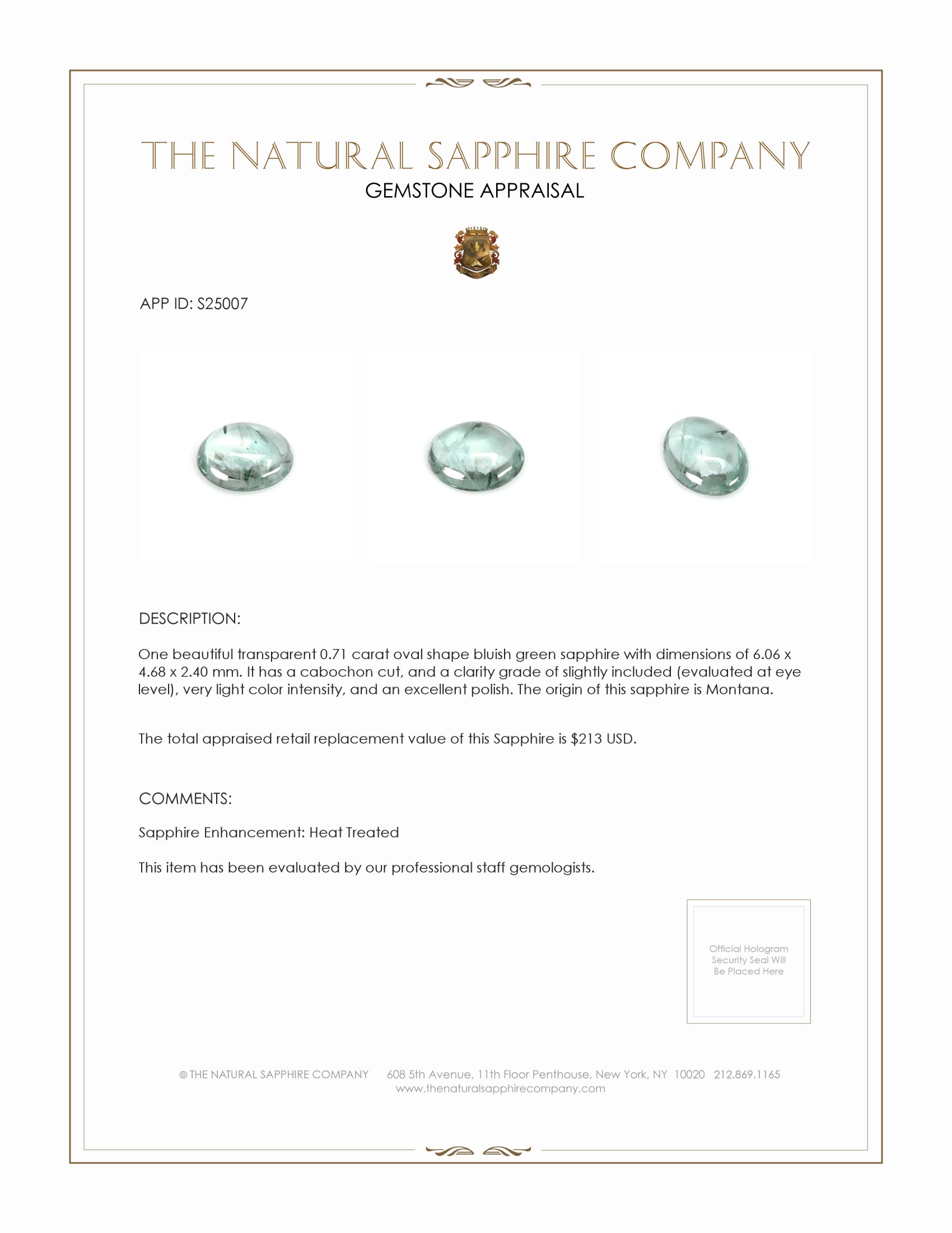 0.71 Ct. Bluish Green Cabochon Sapphire from Montana