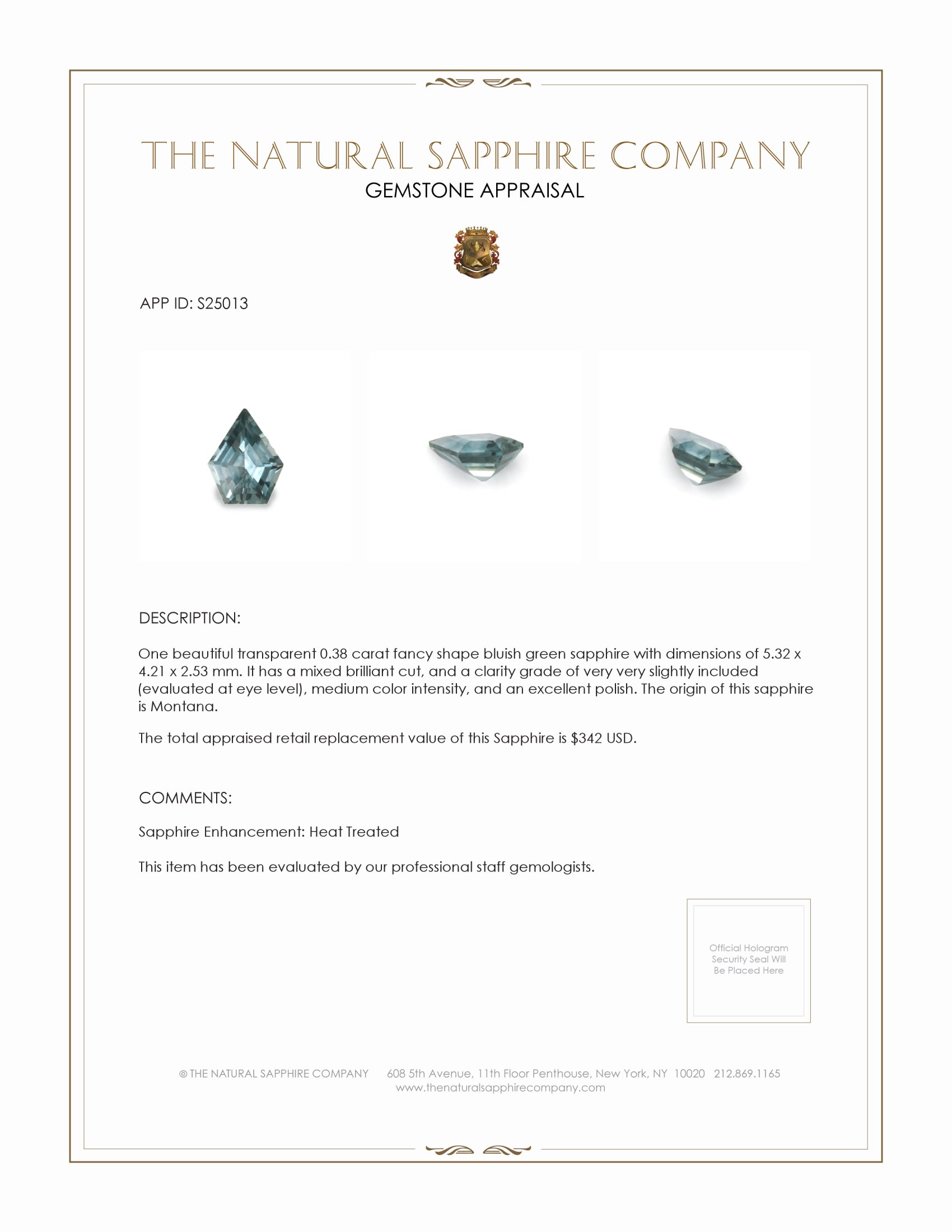 0.38 Ct. Bluish Green Sapphire from Montana