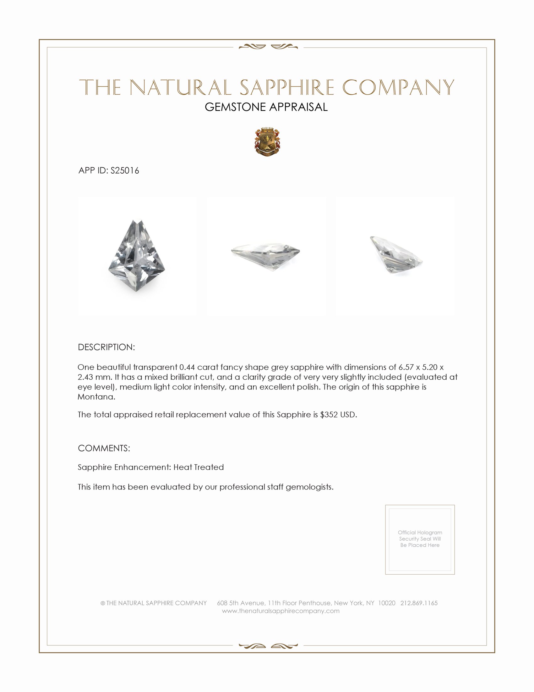 0.44 Ct. Grey Sapphire from Montana