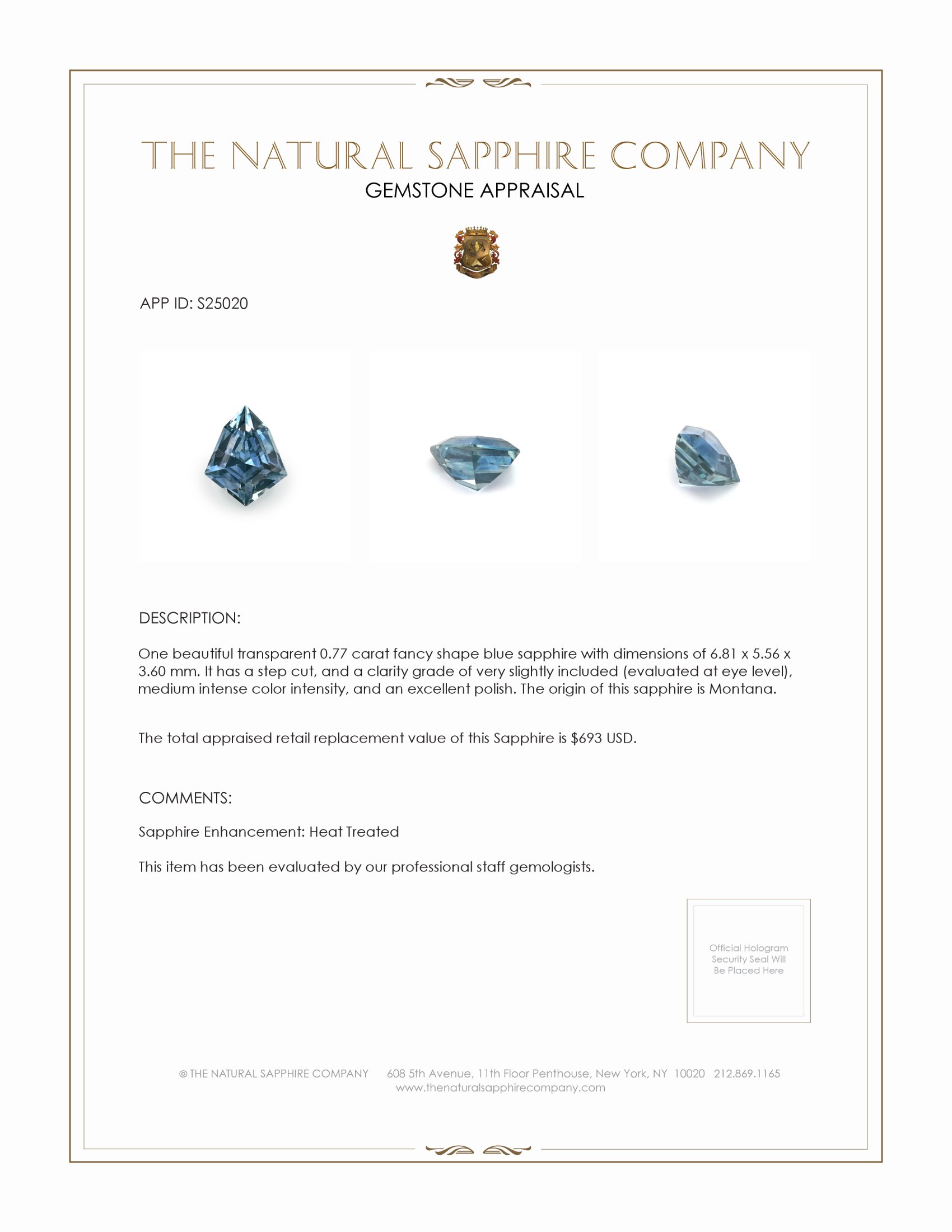0.77 Ct. Blue Sapphire from Montana