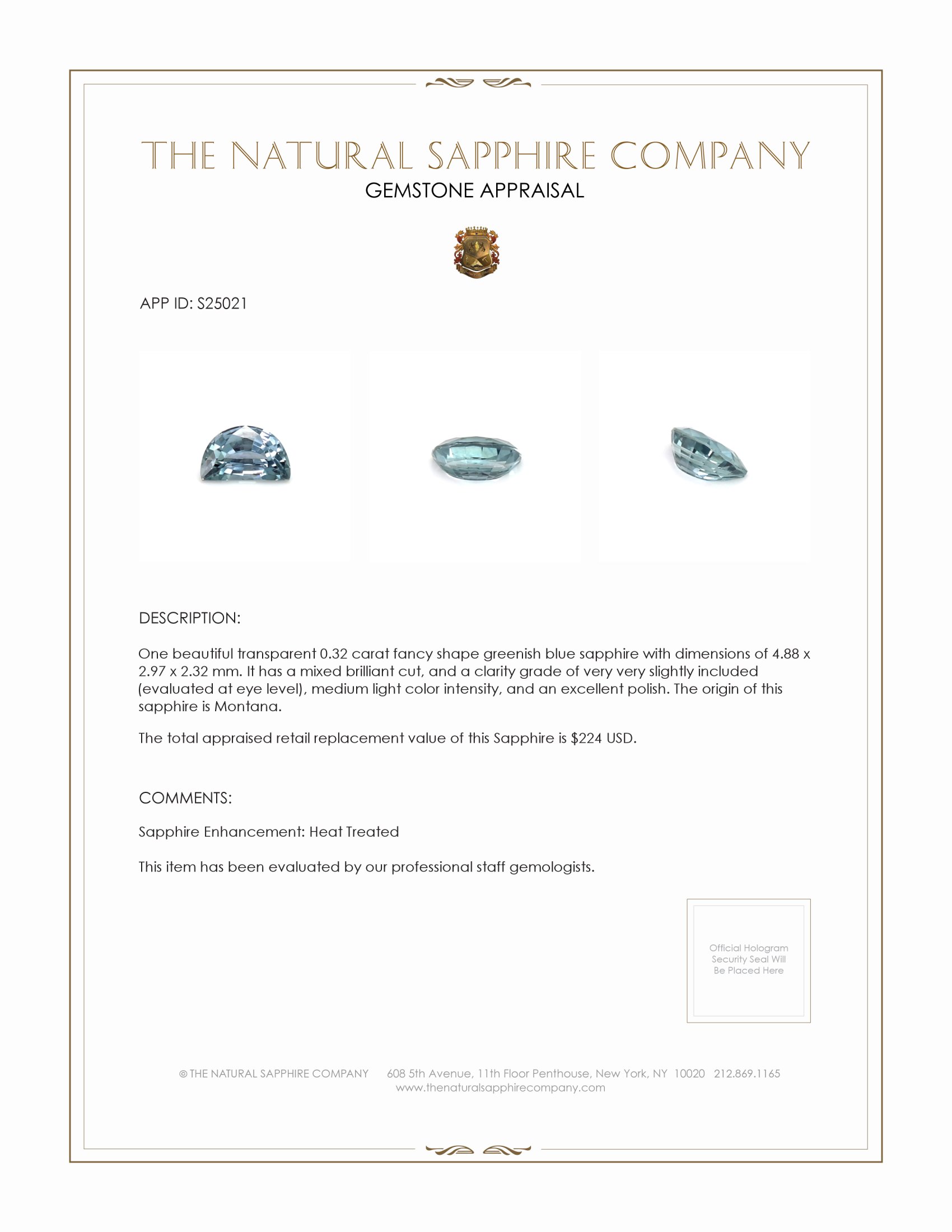 0.32 Ct. Greenish Blue Sapphire from Montana