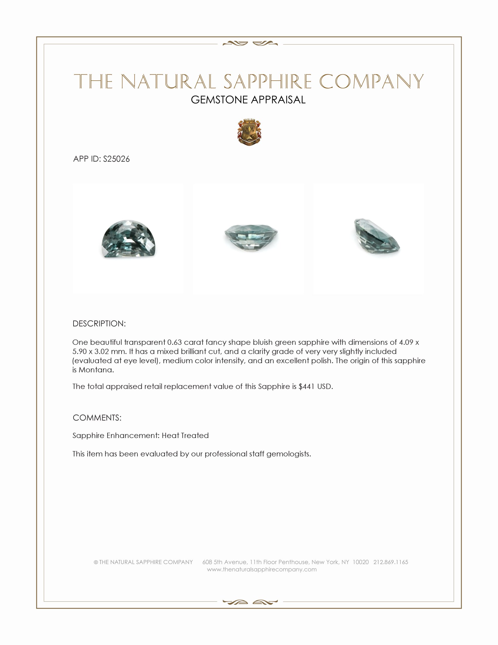 0.63 Ct. Bluish Green Sapphire from Montana