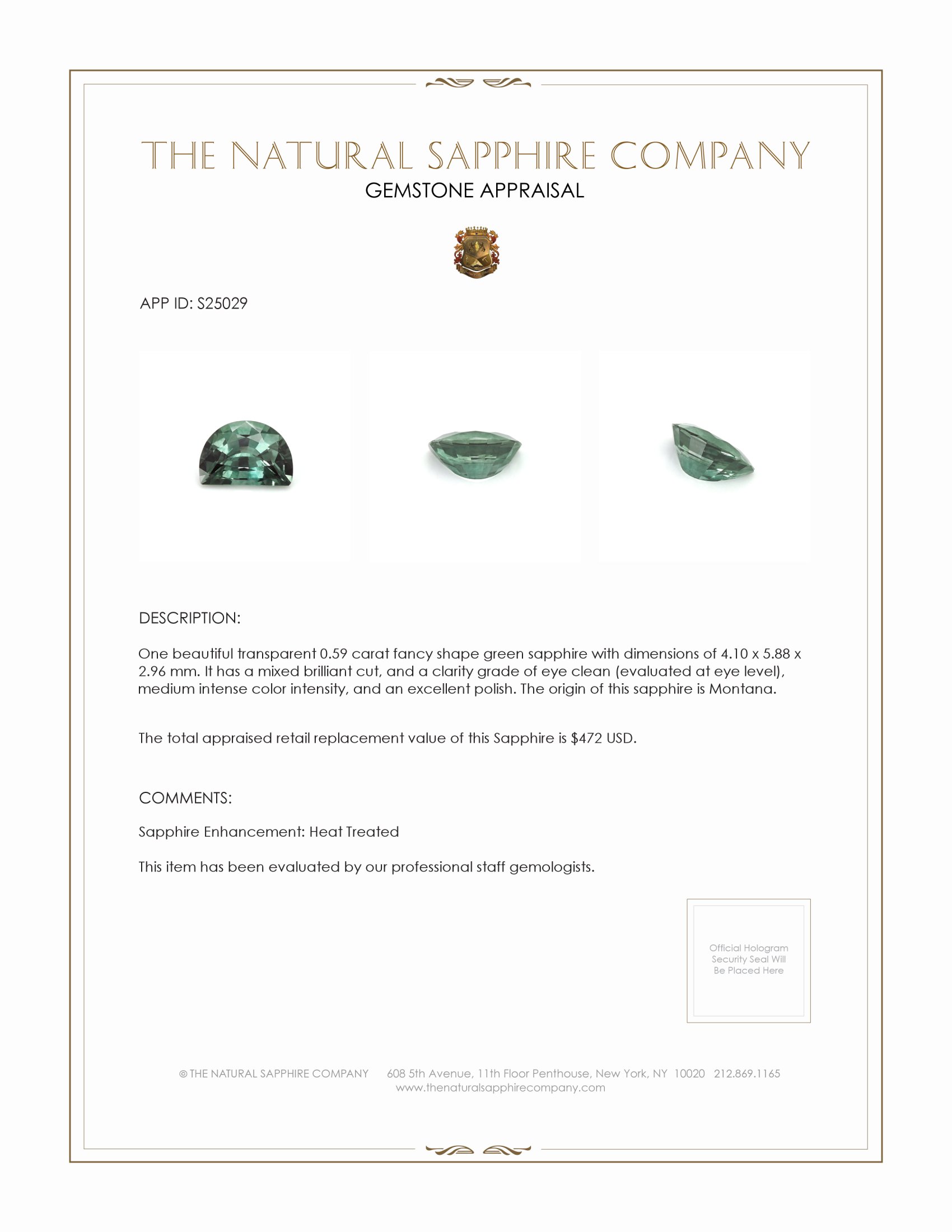 0.59 Ct. Green Sapphire from Montana