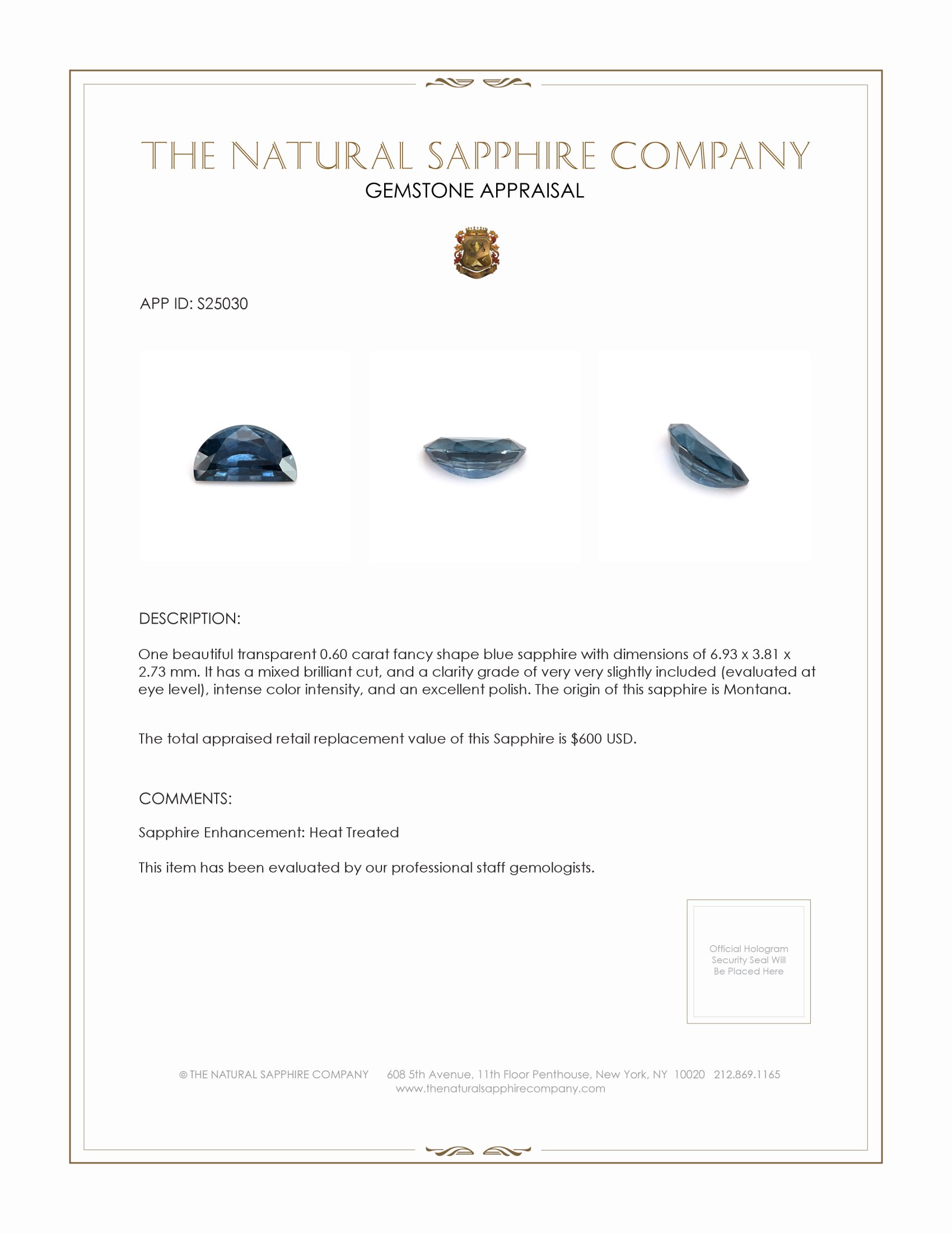 0.60 Ct. Blue Sapphire from Montana