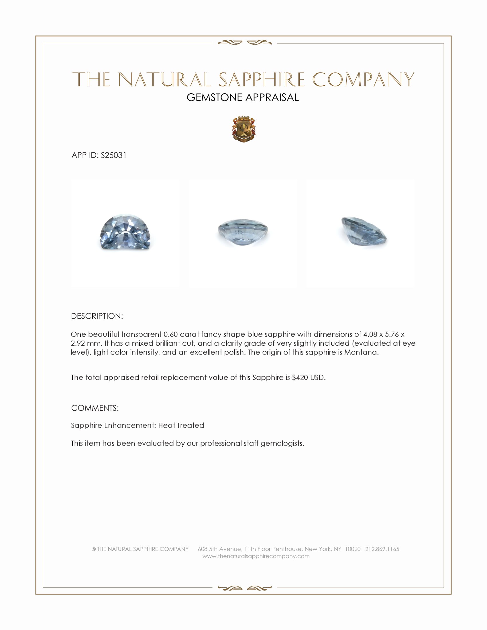 0.60 Ct. Blue Sapphire from Montana