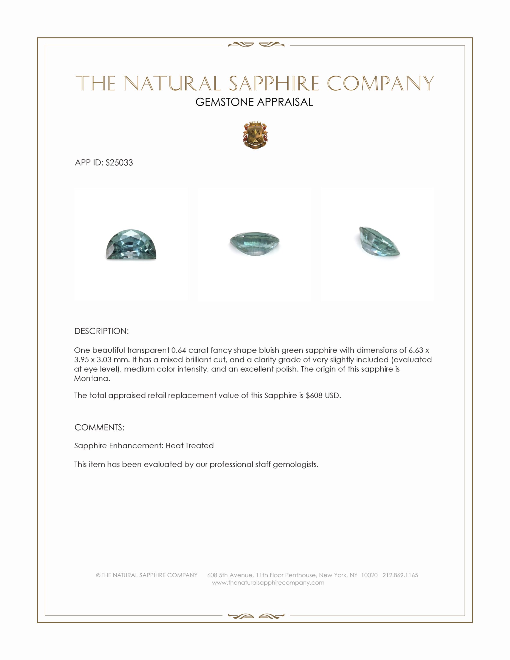 0.64 Ct. Bluish Green Sapphire from Montana