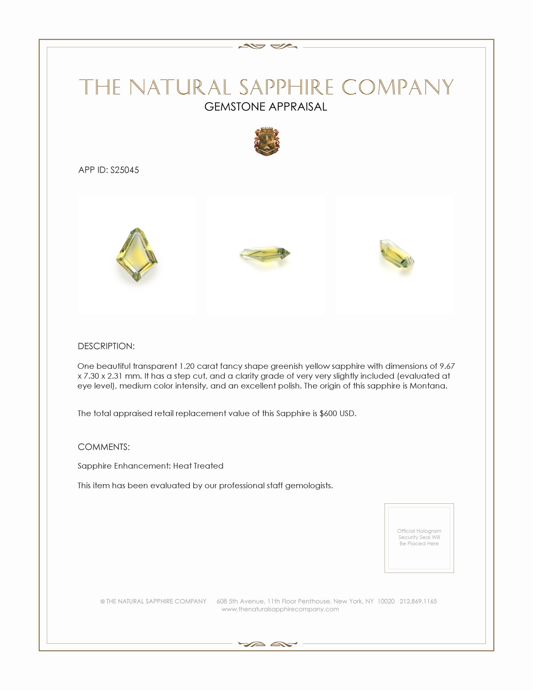 1.20 Ct. Greenish Yellow Sapphire from Montana