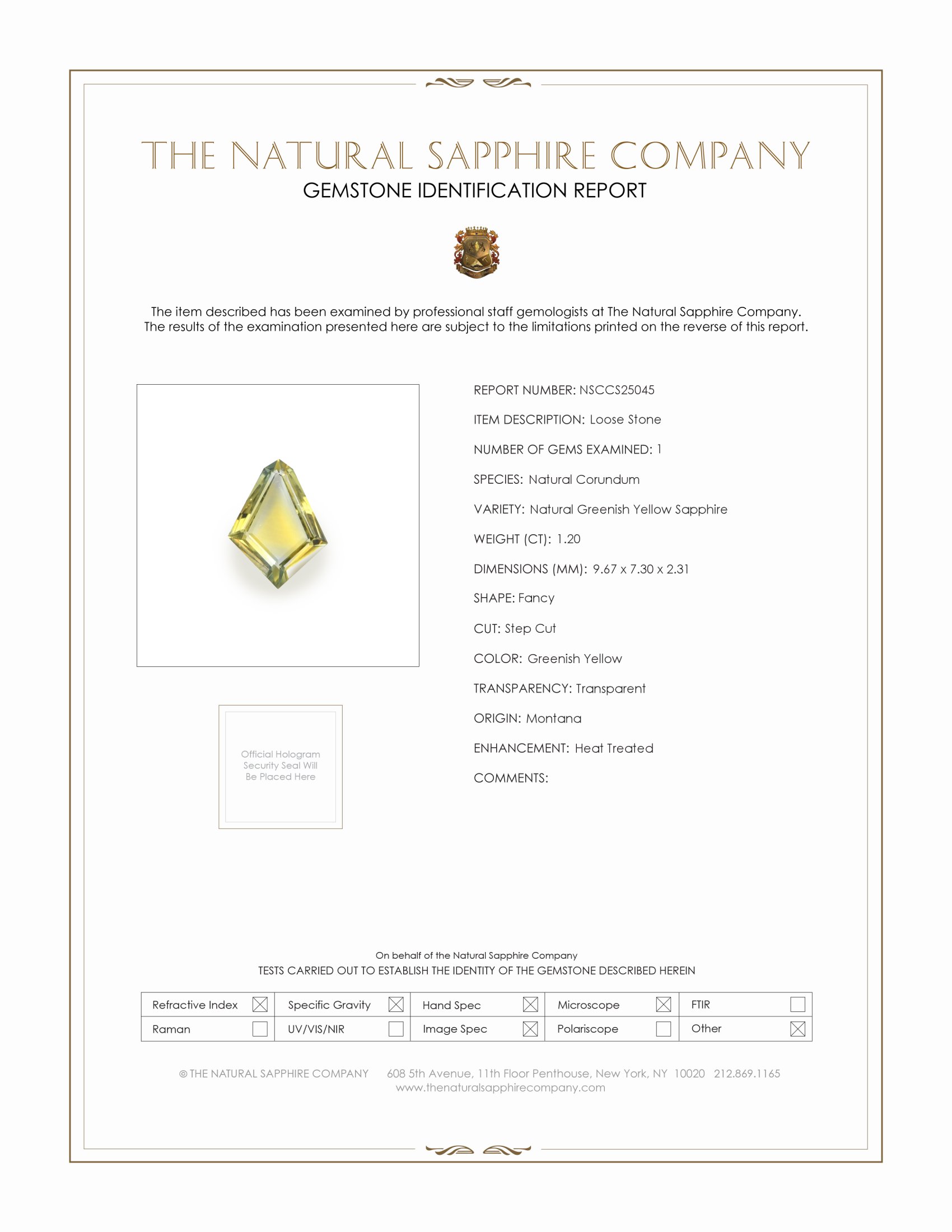 1.20 Ct. Greenish Yellow Sapphire from Montana