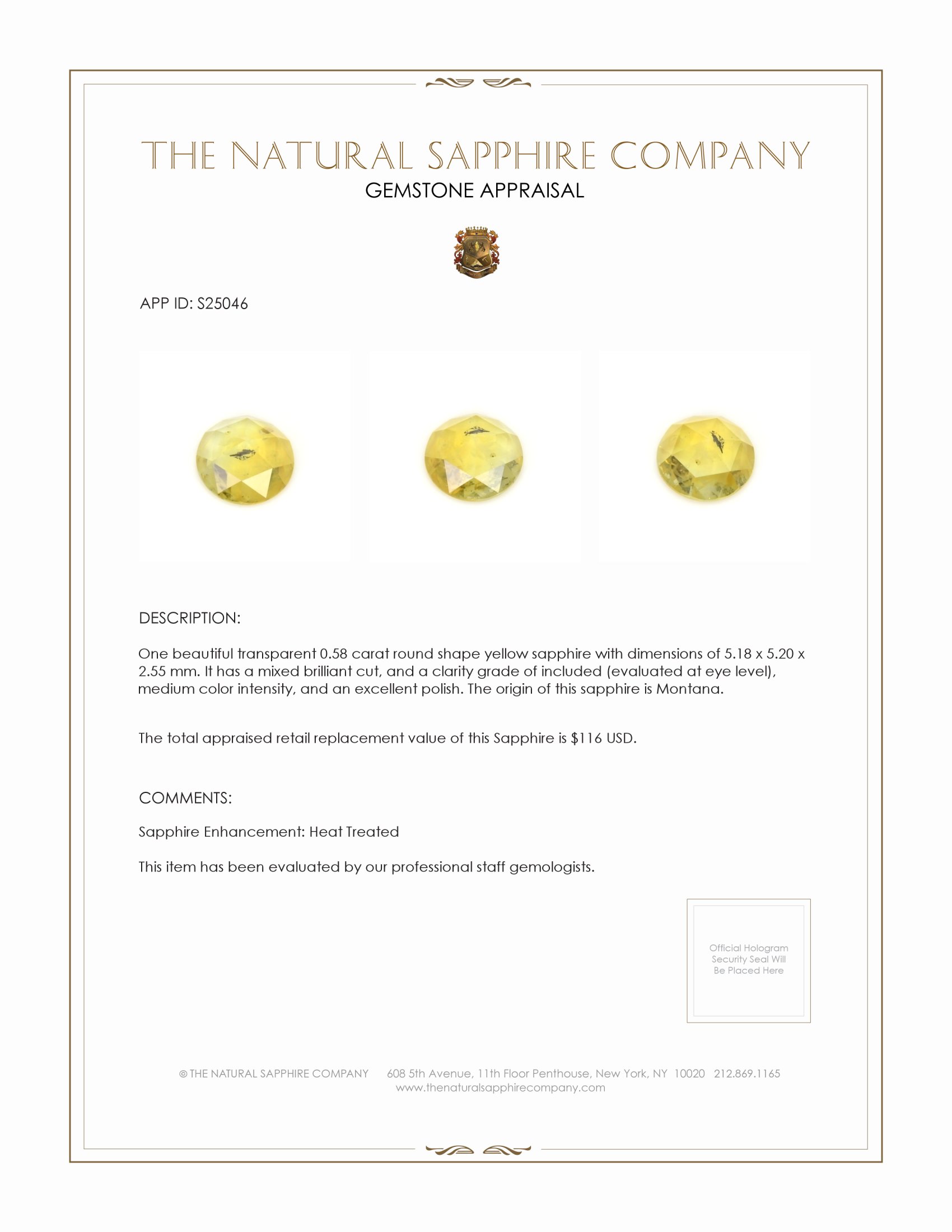 0.58 Ct. Yellow Sapphire from Montana