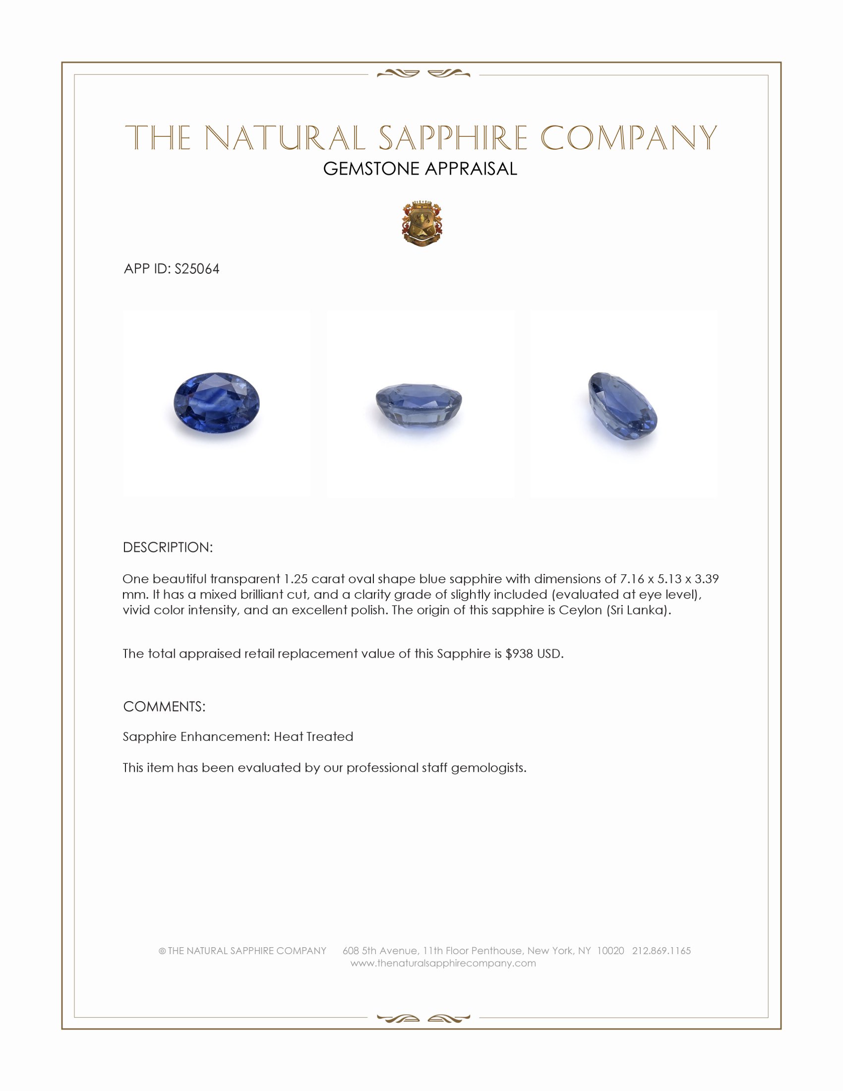 1.25 Ct. Blue Sapphire from Ceylon (Sri Lanka)
