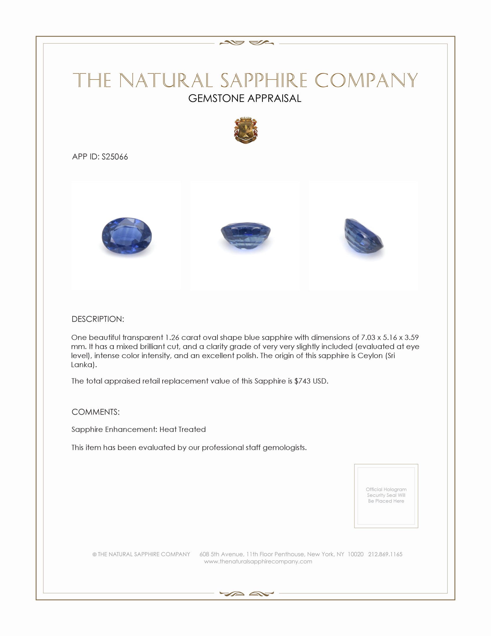 1.26 Ct. Blue Sapphire from Ceylon (Sri Lanka)