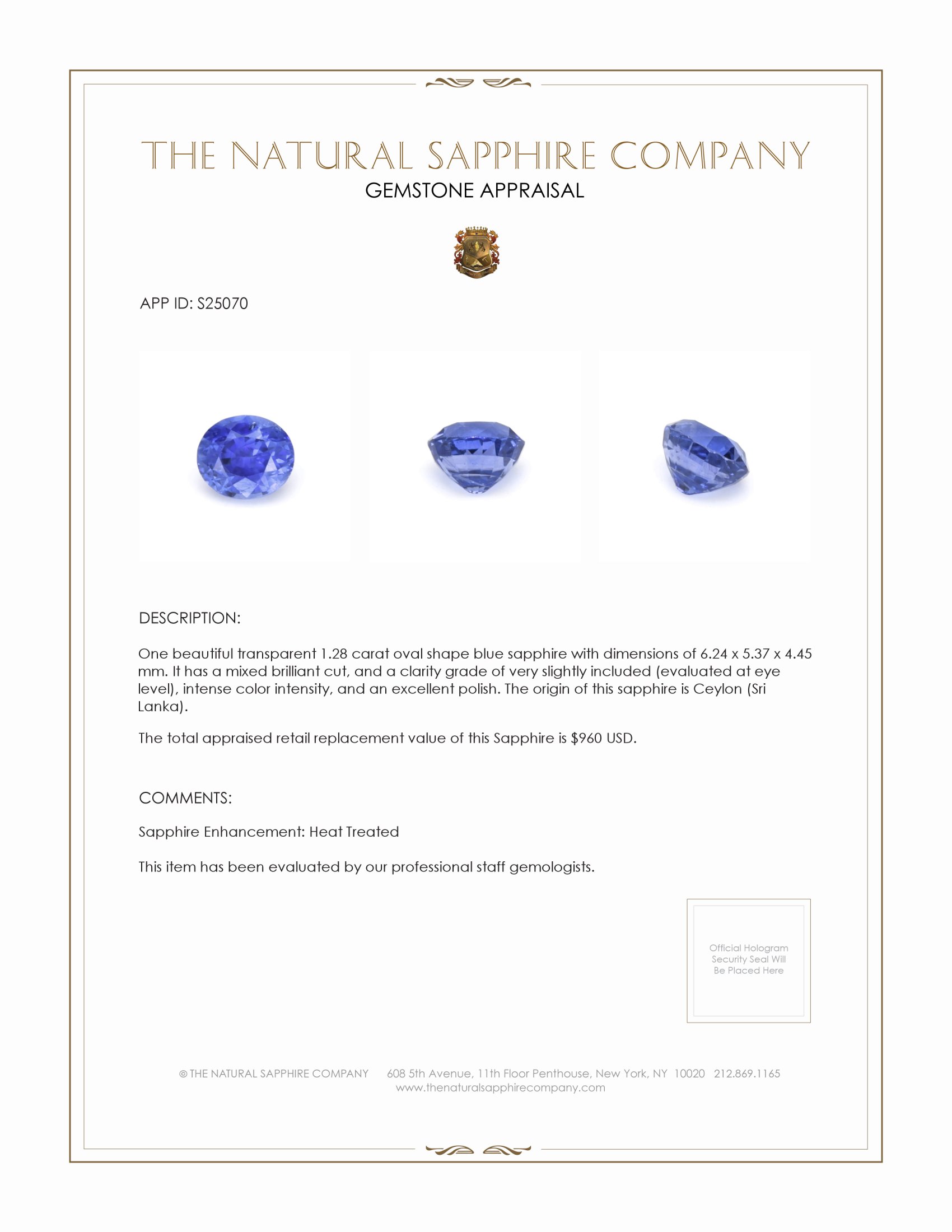 1.28 Ct. Blue Sapphire from Ceylon (Sri Lanka)