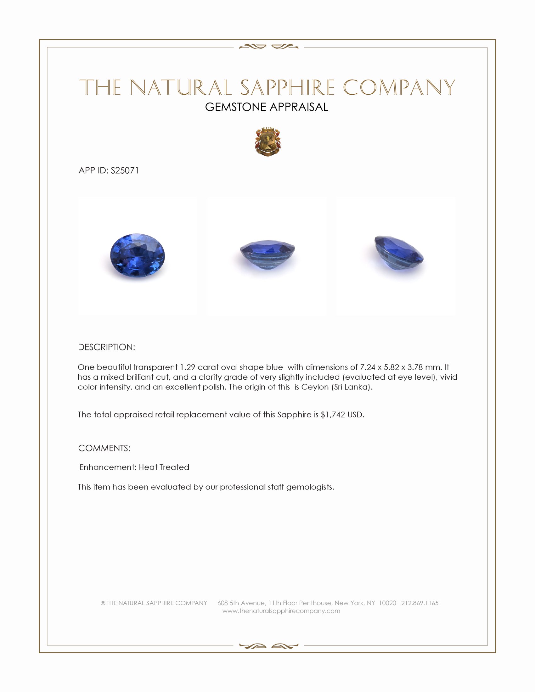 1.29 Ct. Blue Sapphire from Ceylon (Sri Lanka)