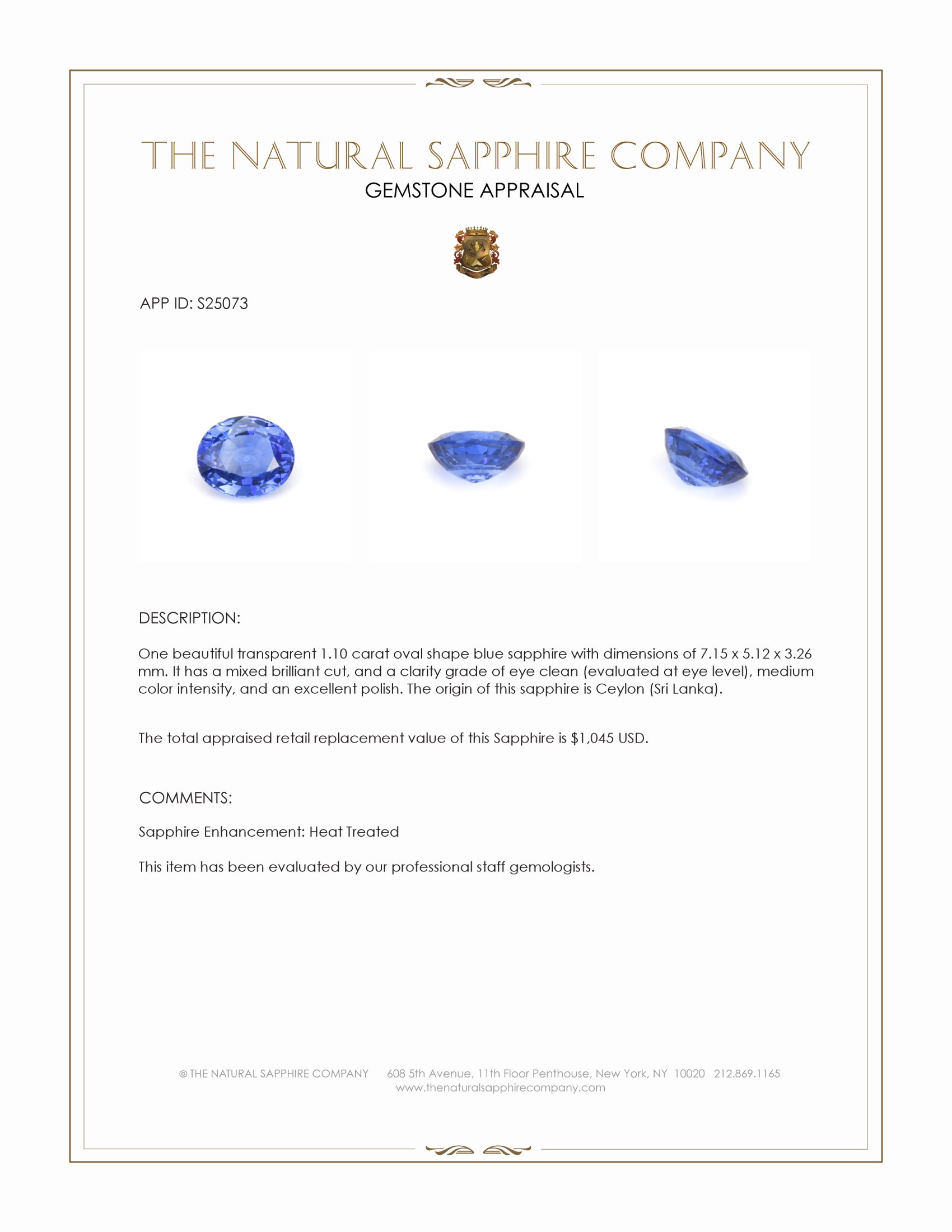 1.10 Ct. Blue Sapphire from Ceylon (Sri Lanka)