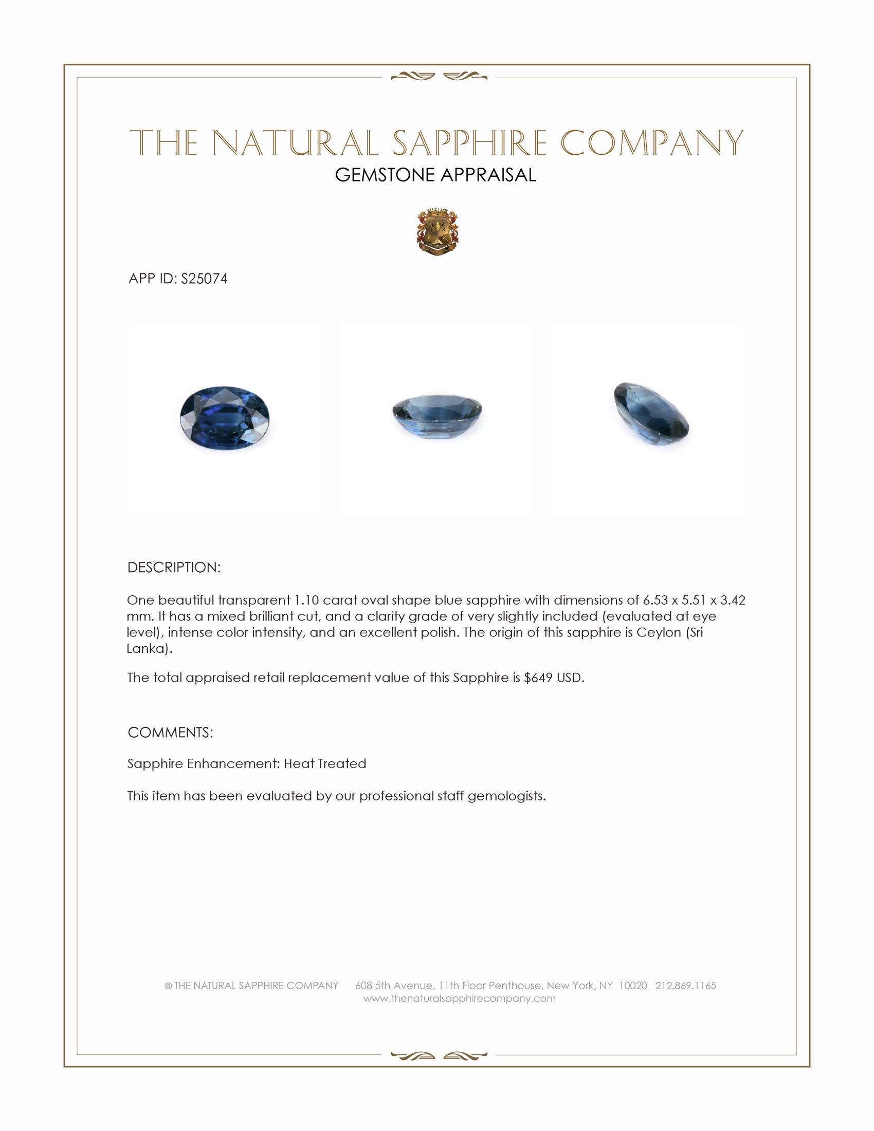 1.10 Ct. Blue Sapphire from Ceylon (Sri Lanka)