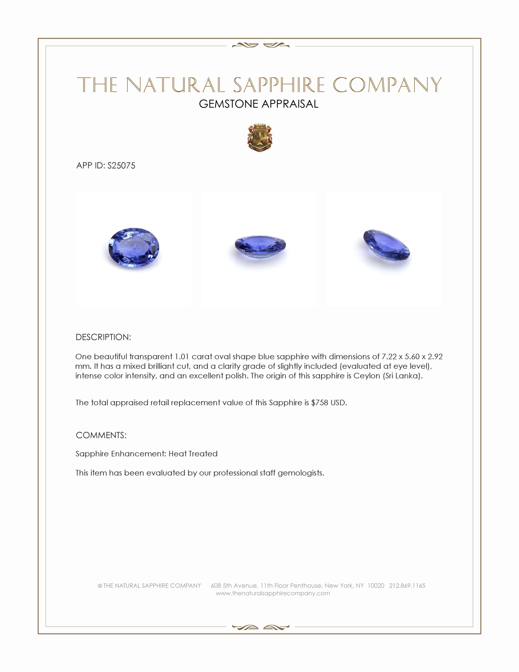 1.01 Ct. Blue Sapphire from Ceylon (Sri Lanka)