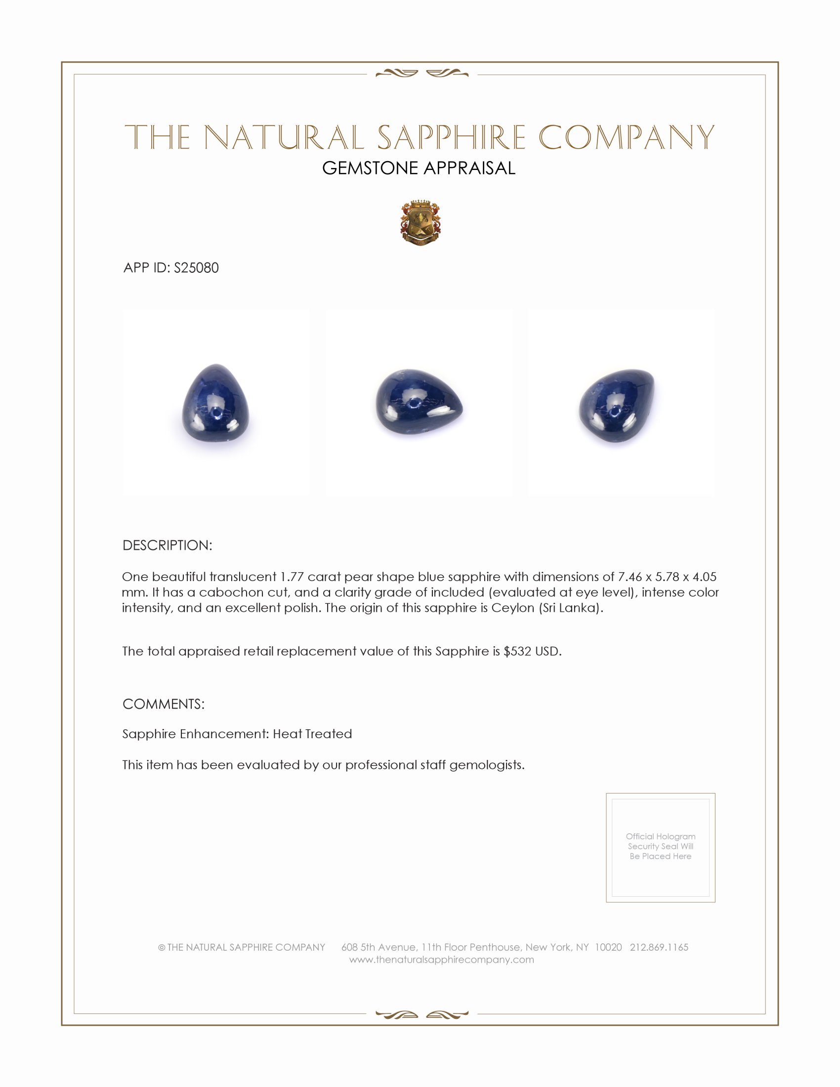 1.77 Ct. Blue Cabochon Sapphire from Ceylon (Sri Lanka)