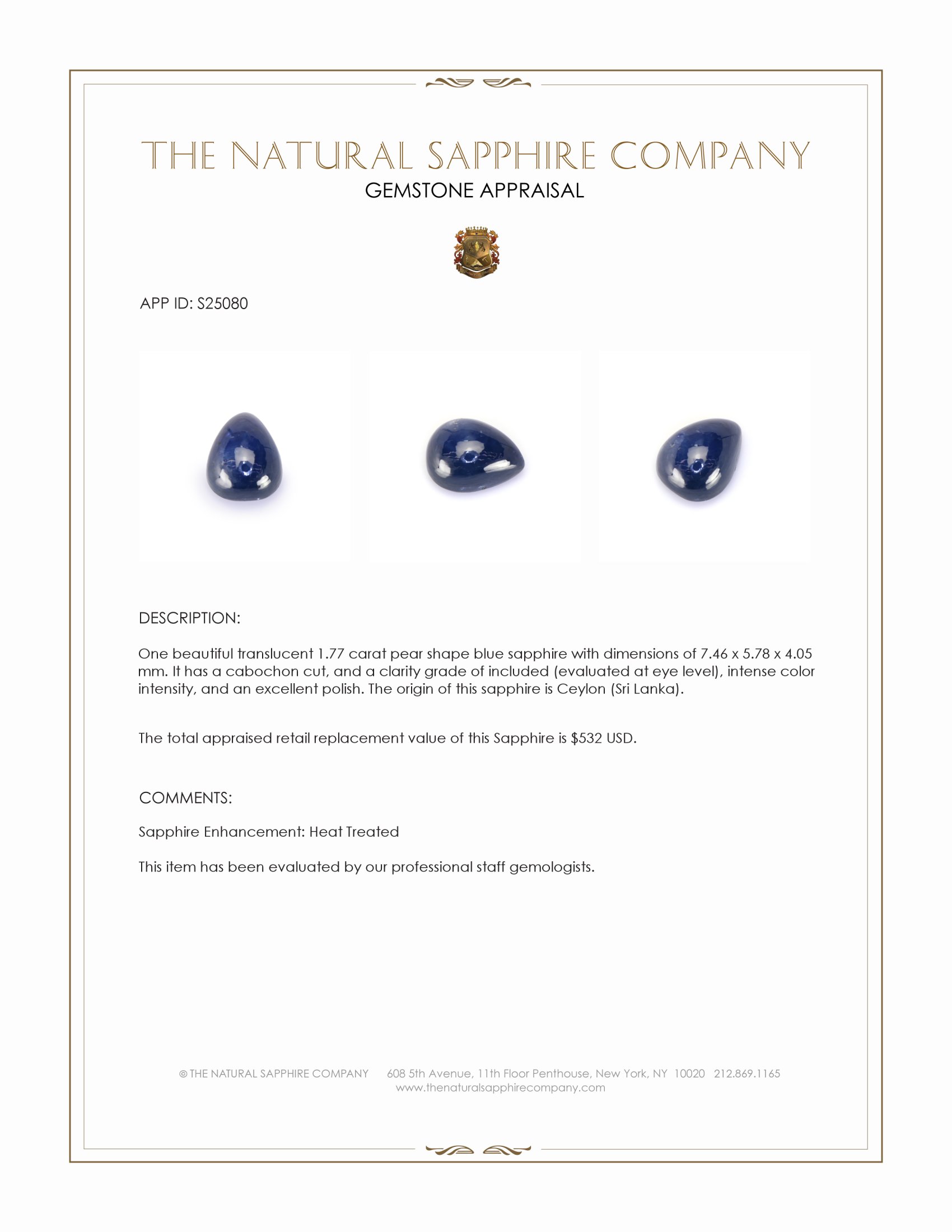 1.77 Ct. Blue Cabochon Sapphire from Ceylon (Sri Lanka)
