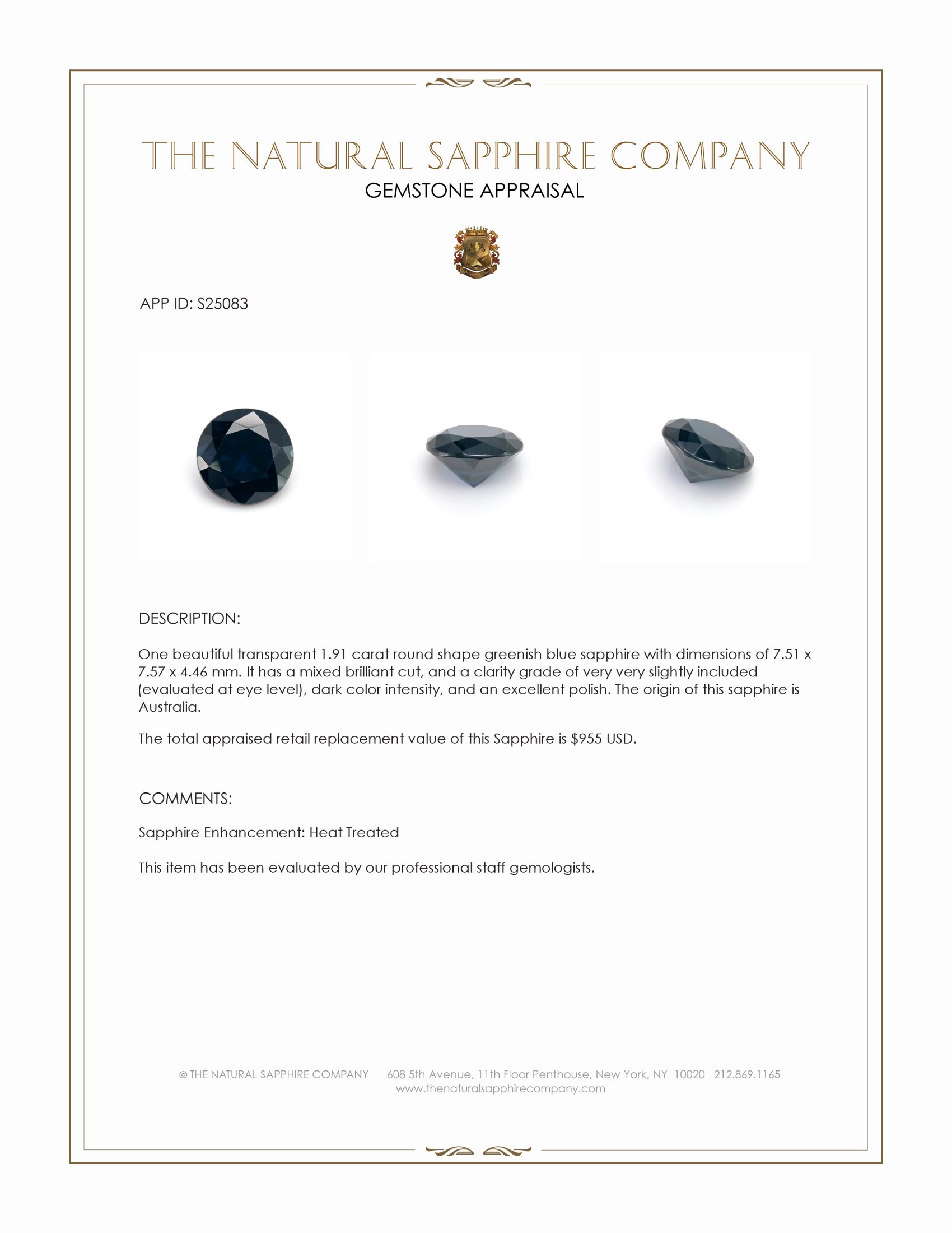 1.91 Ct. Greenish Blue Sapphire from Australia
