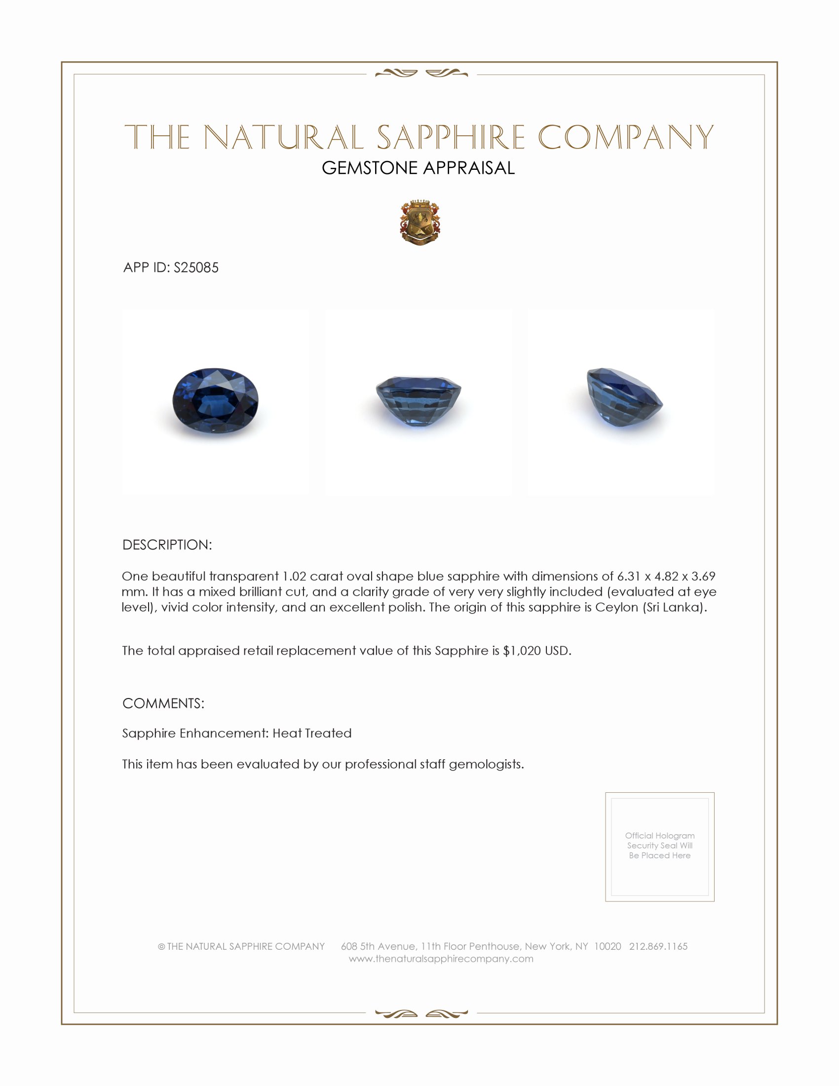 1.02 Ct. Blue Sapphire from Ceylon (Sri Lanka)