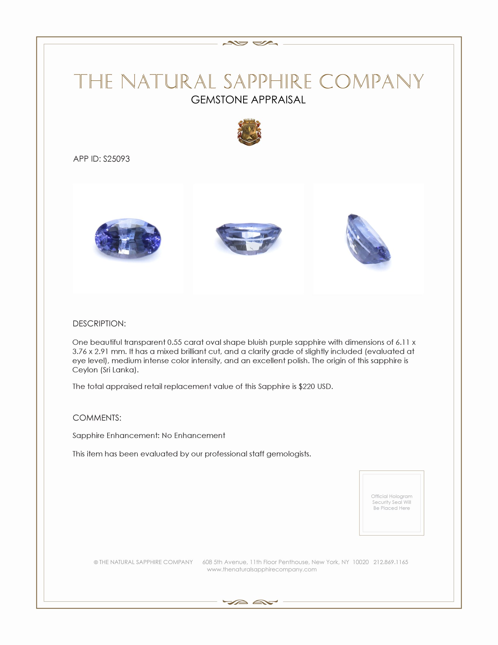 0.55 Ct. Bluish Purple Sapphire from Ceylon (Sri Lanka)