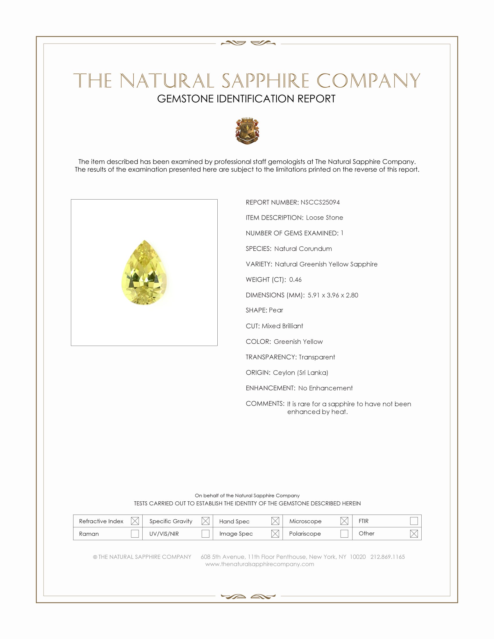 0.46 Ct. Greenish Yellow Sapphire from Ceylon (Sri Lanka)