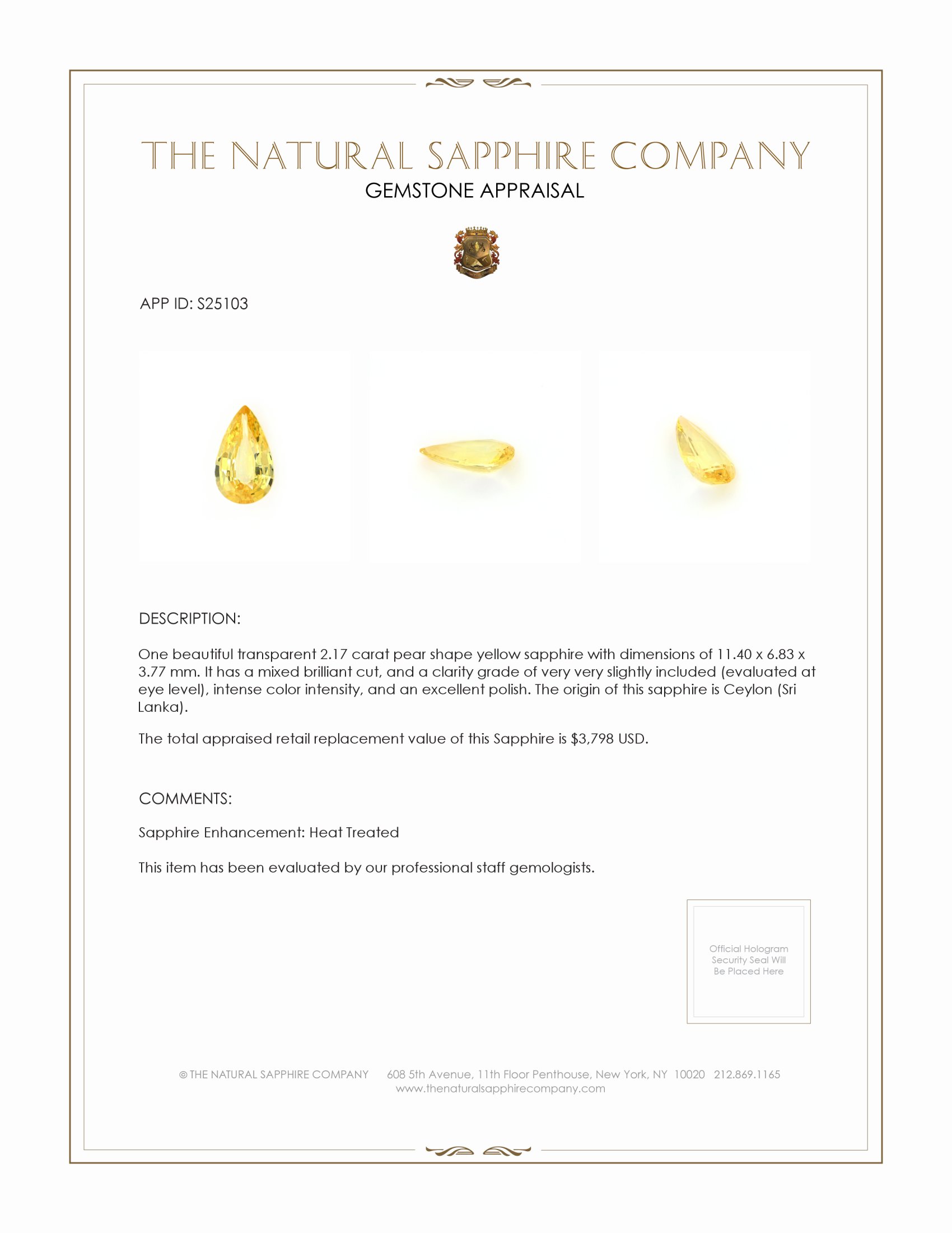 2.17 Ct. Yellow Sapphire from Ceylon (Sri Lanka)