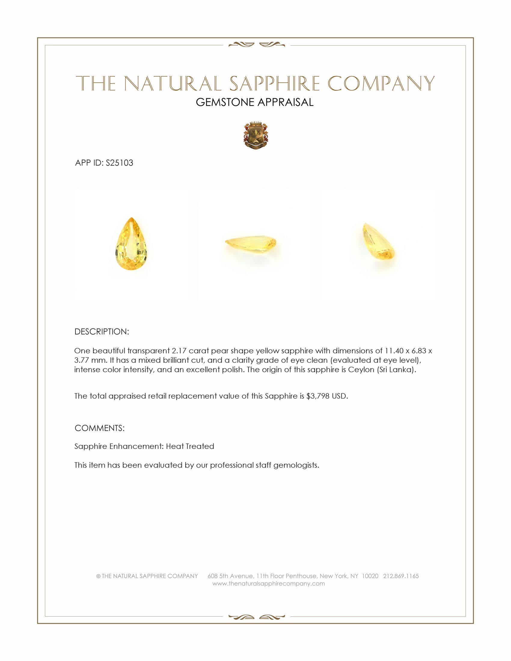 2.17 Ct. Yellow Sapphire from Ceylon (Sri Lanka)
