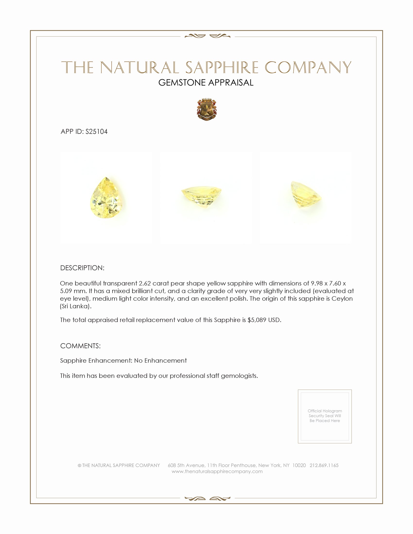 2.62 Ct. Yellow Sapphire from Ceylon (Sri Lanka)