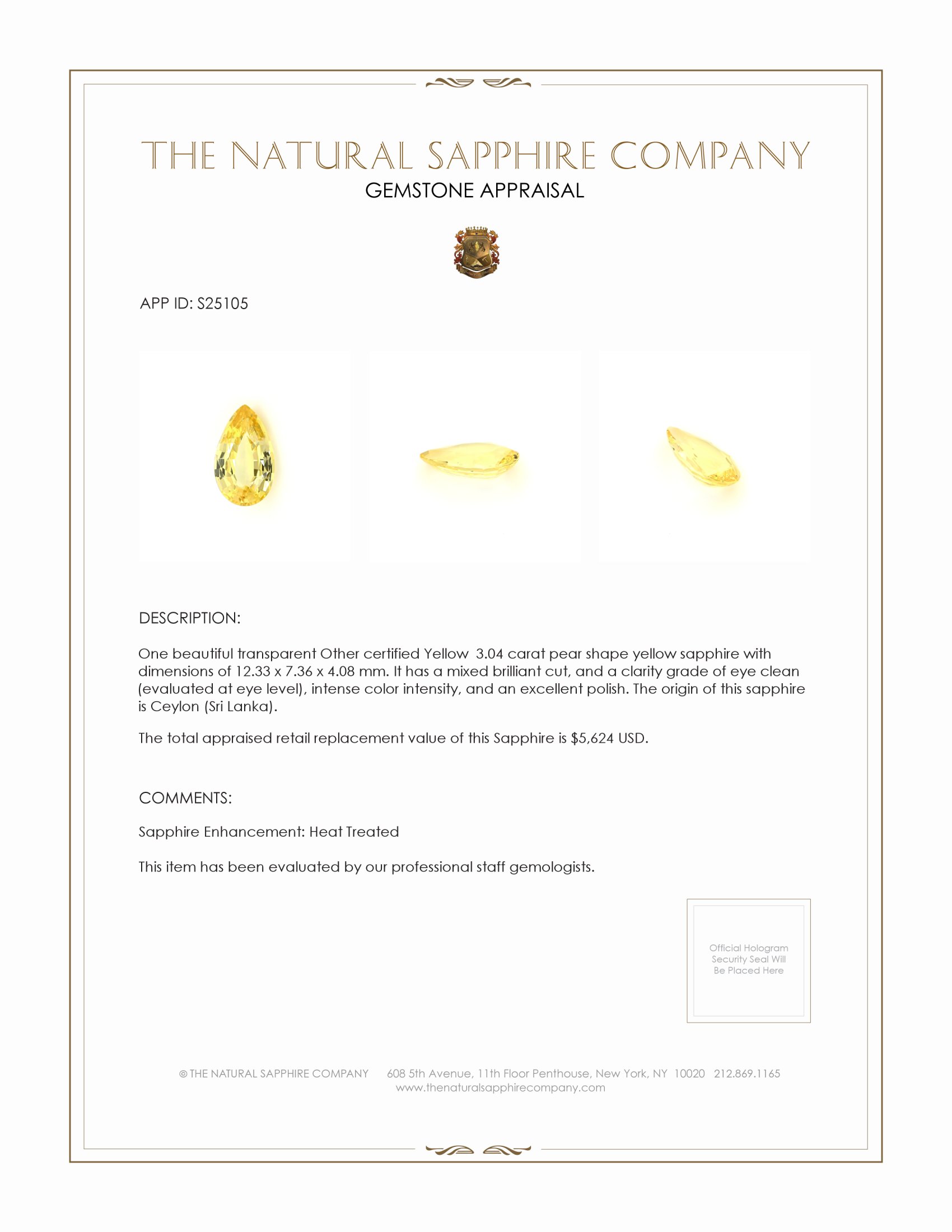 3.04 Ct. Yellow Sapphire from Ceylon (Sri Lanka)