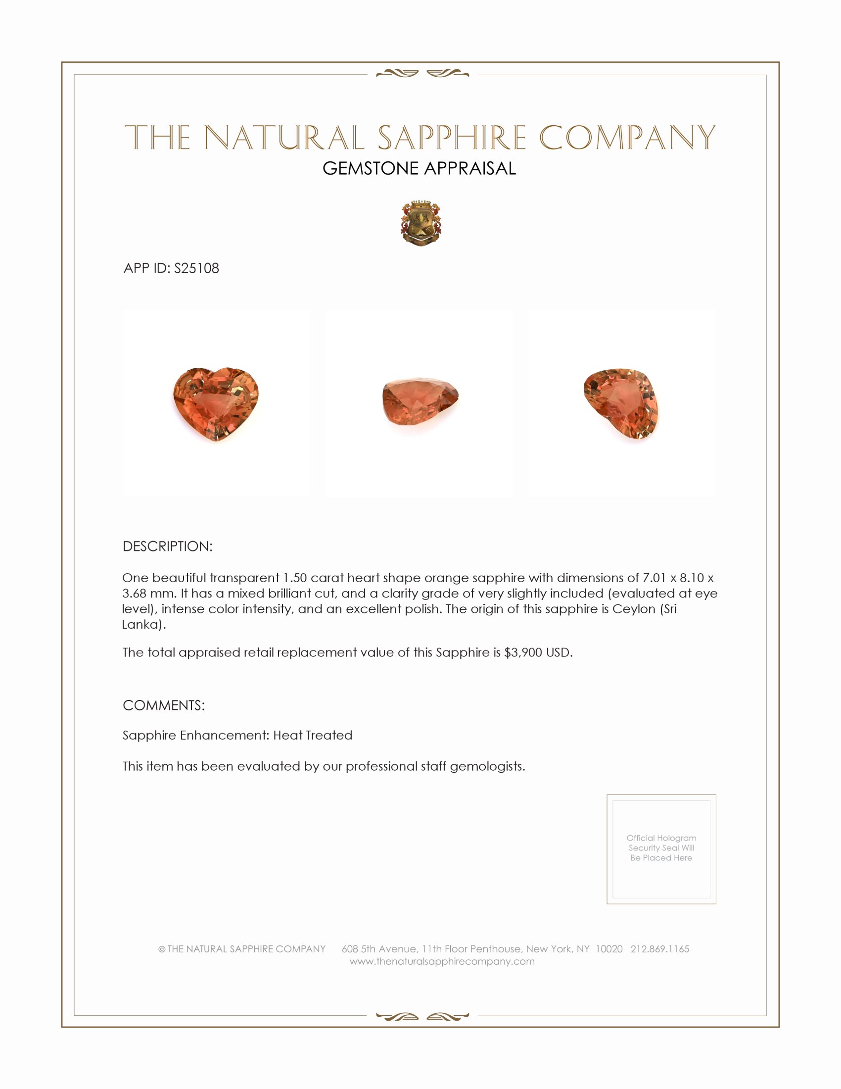 1.50 Ct. Orange Sapphire from Ceylon (Sri Lanka)