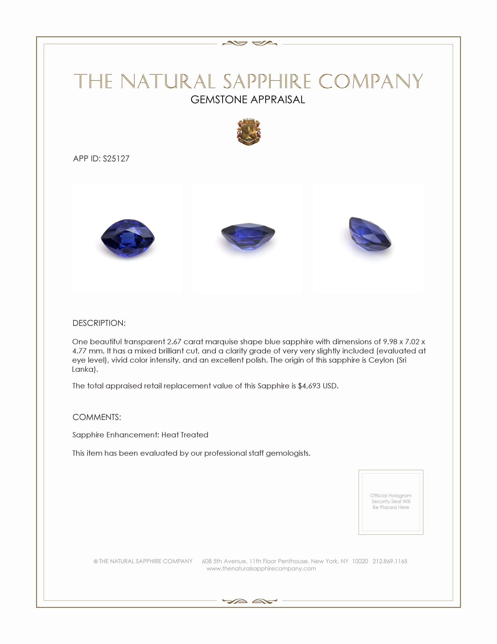 2.67 Ct. Blue Sapphire from Ceylon (Sri Lanka)