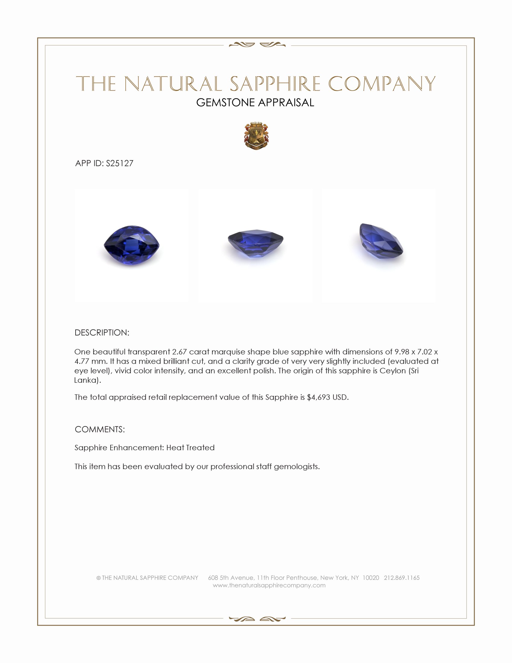 2.67 Ct. Blue Sapphire from Ceylon (Sri Lanka)