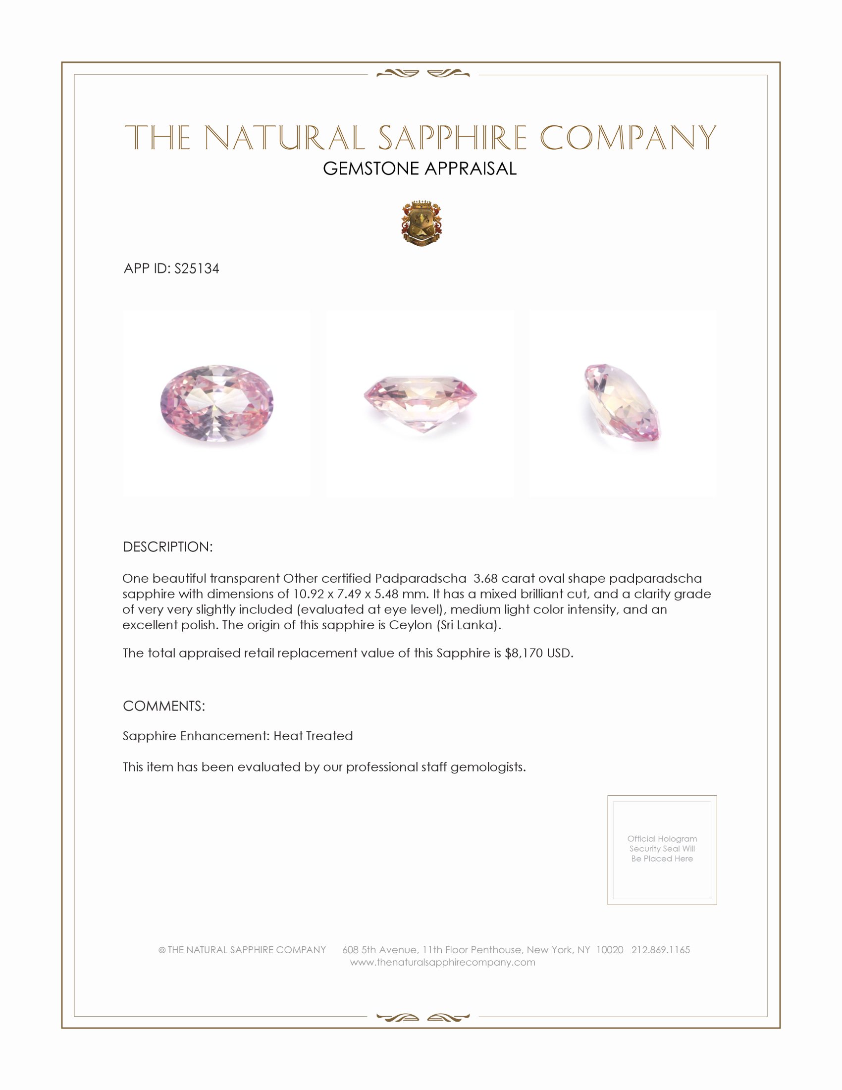 3.68 Ct. Padparadscha Sapphire from Ceylon (Sri Lanka)