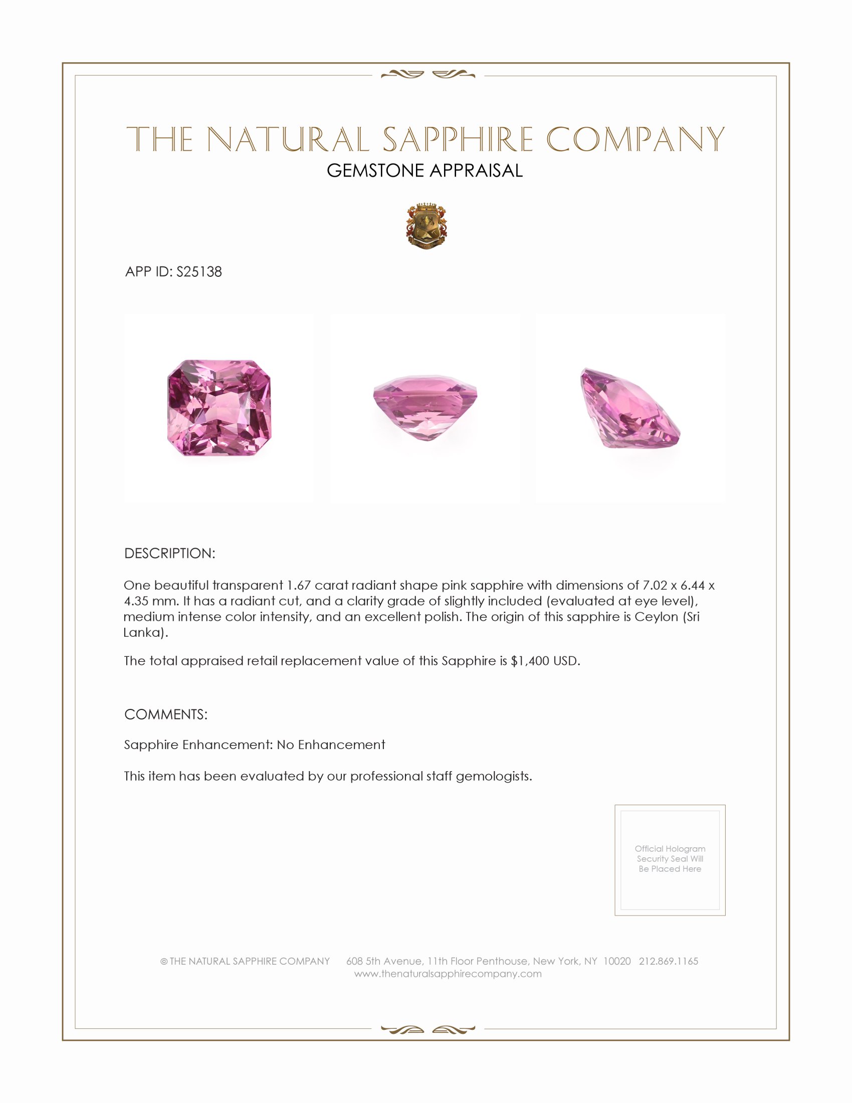 1.67 Ct. Pink Sapphire from Ceylon (Sri Lanka)