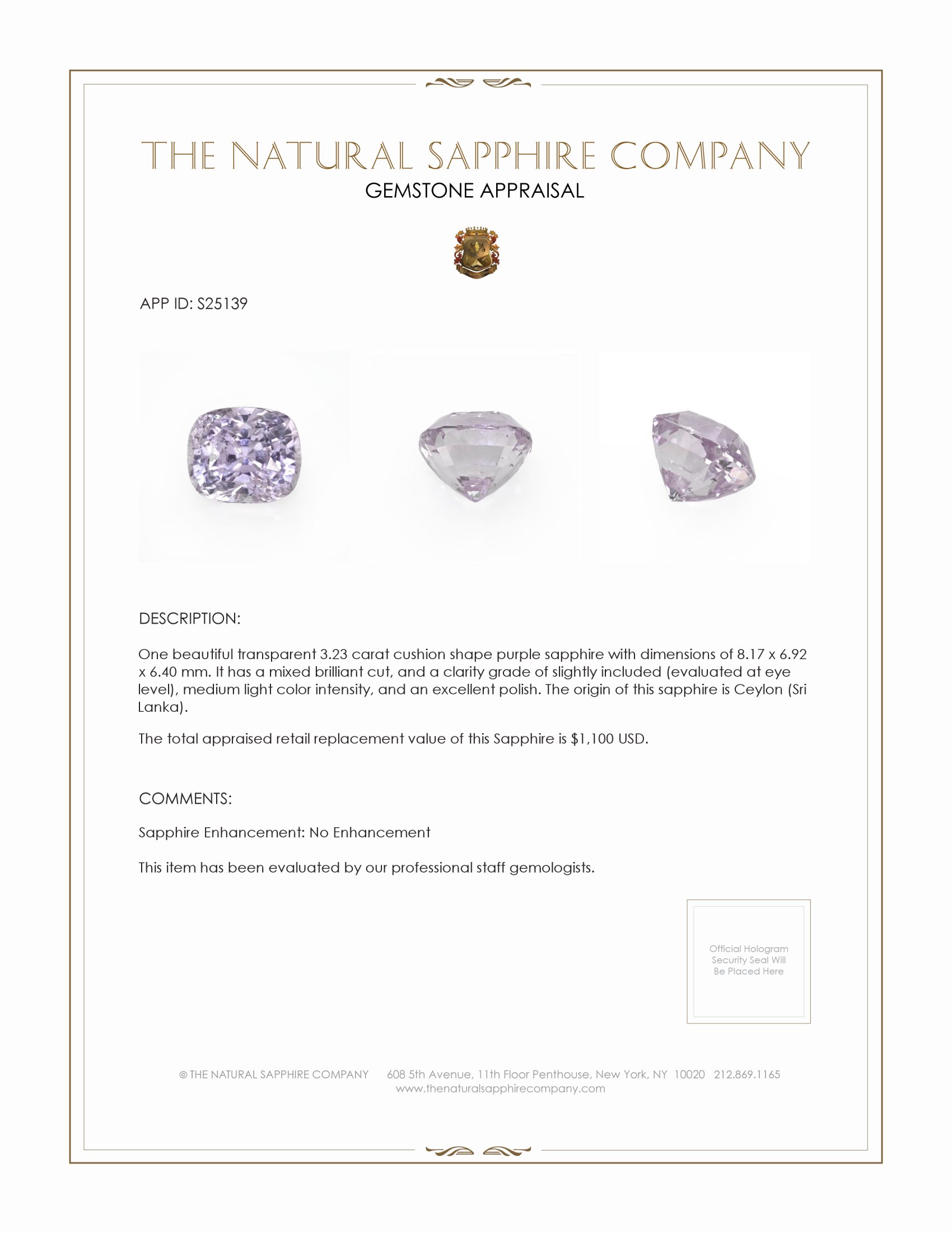 3.23 Ct. Purple Sapphire from Ceylon (Sri Lanka)