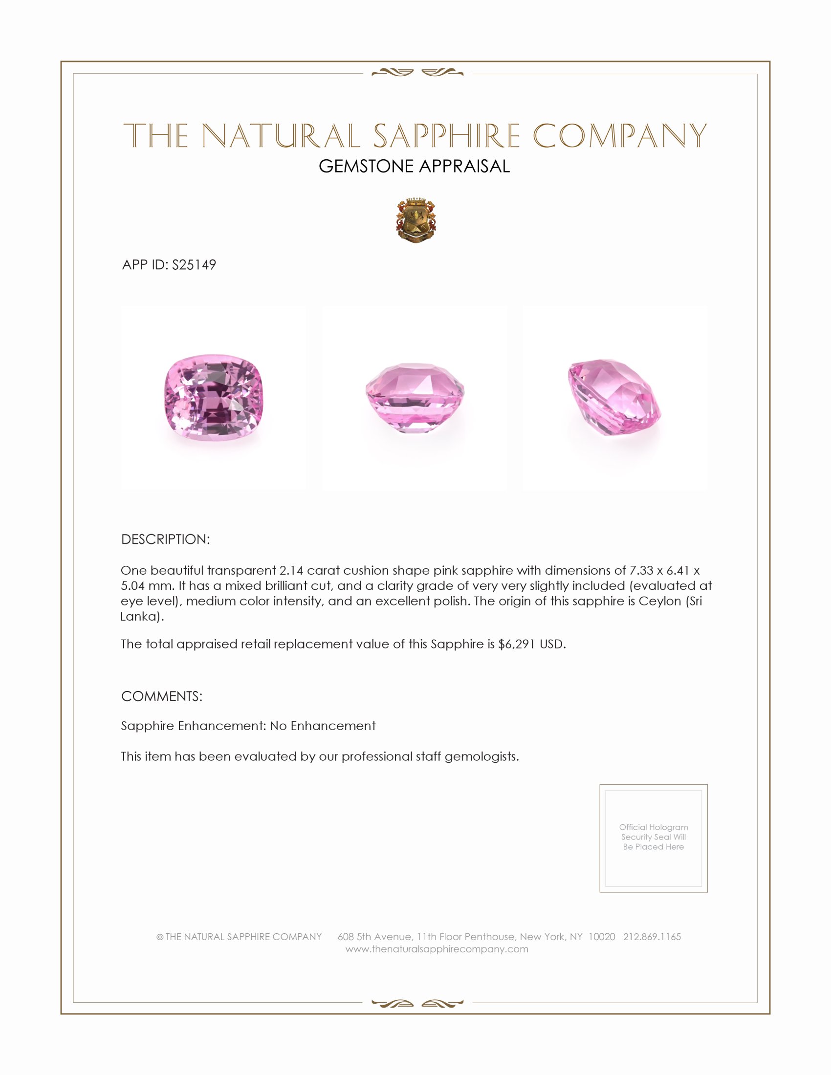 2.14 Ct. Pink Sapphire from Ceylon (Sri Lanka)