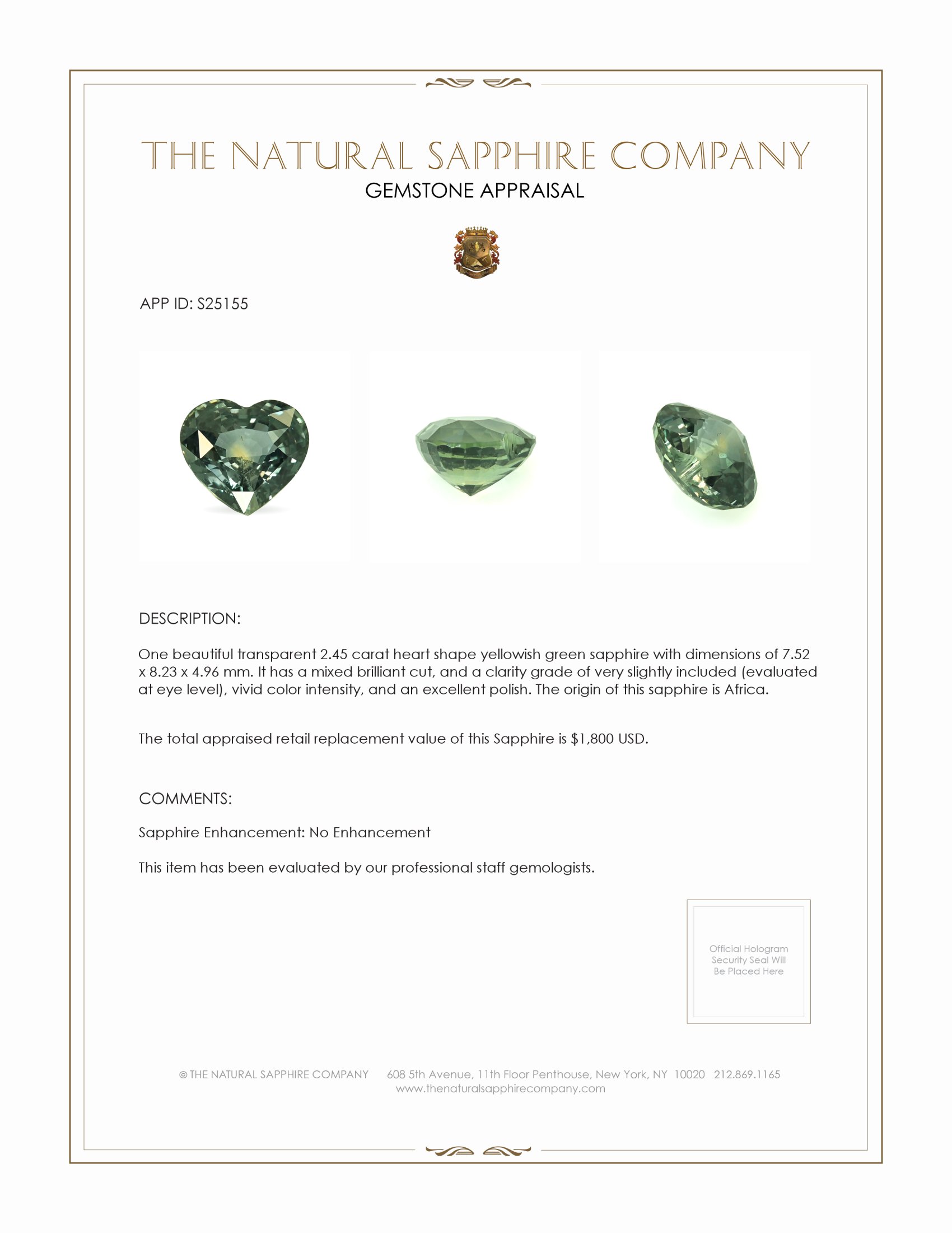 2.45 Ct. Yellowish Green Sapphire from Africa