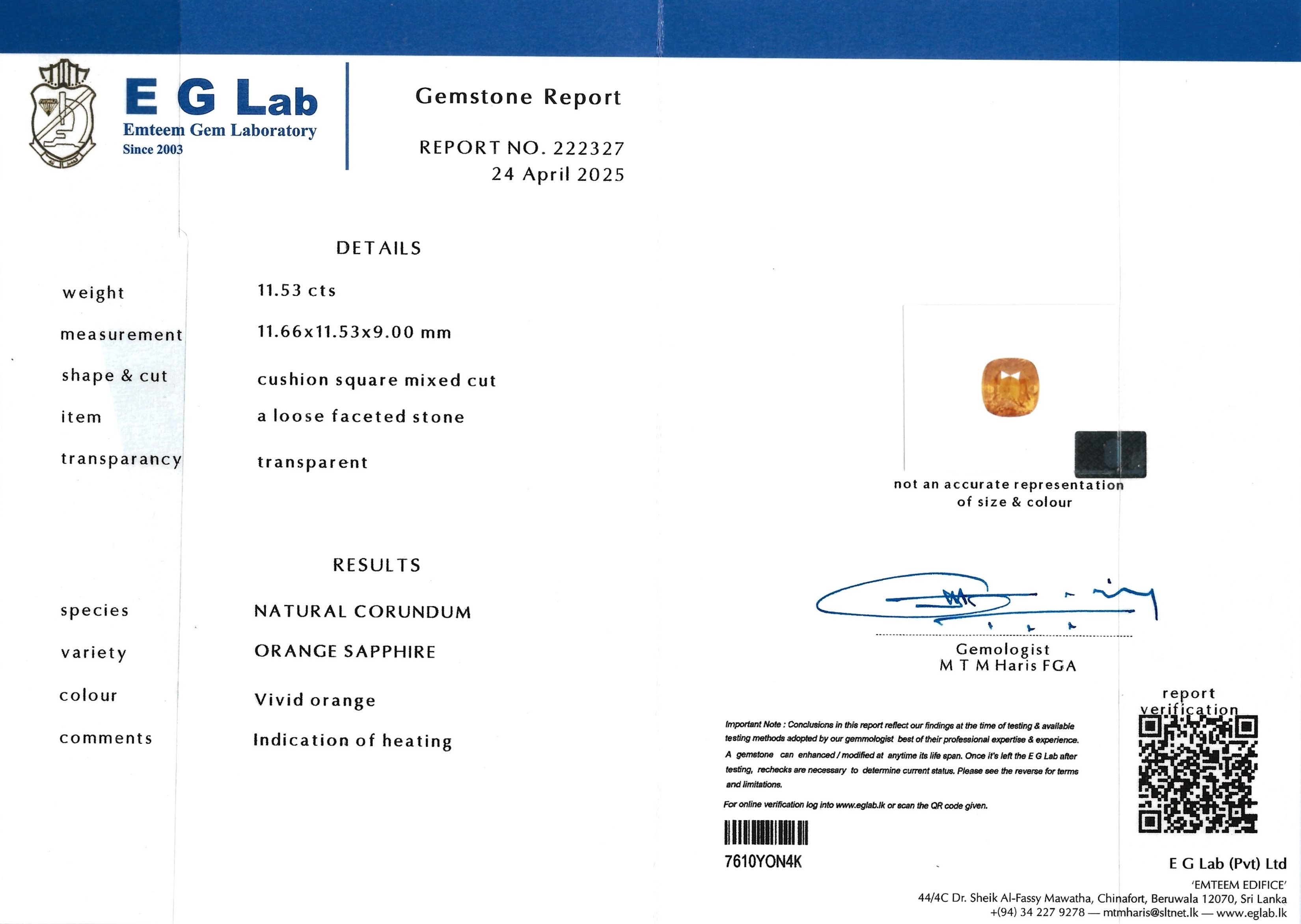 11.53 Ct. Orange Sapphire from Madagascar