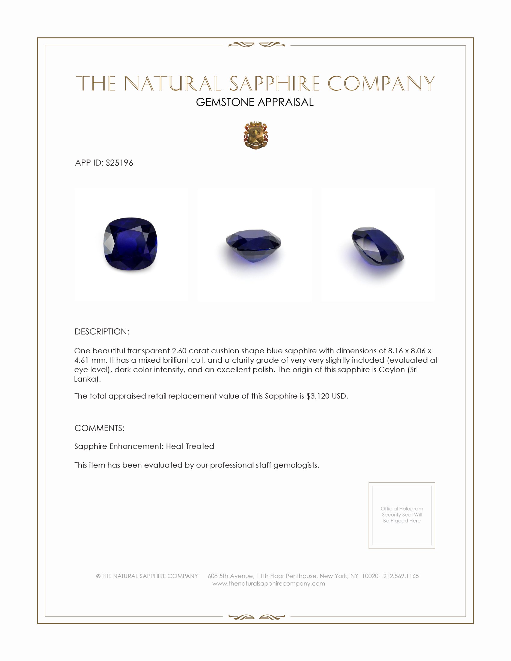 2.60 Ct. Blue Sapphire from Ceylon (Sri Lanka)