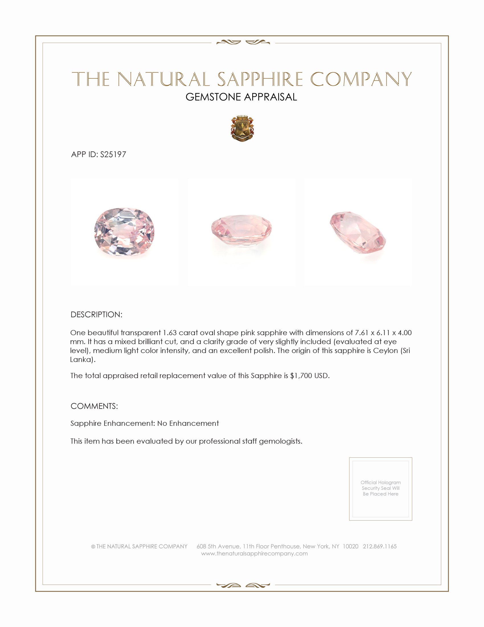 1.63 Ct. Pink Sapphire from Ceylon (Sri Lanka)