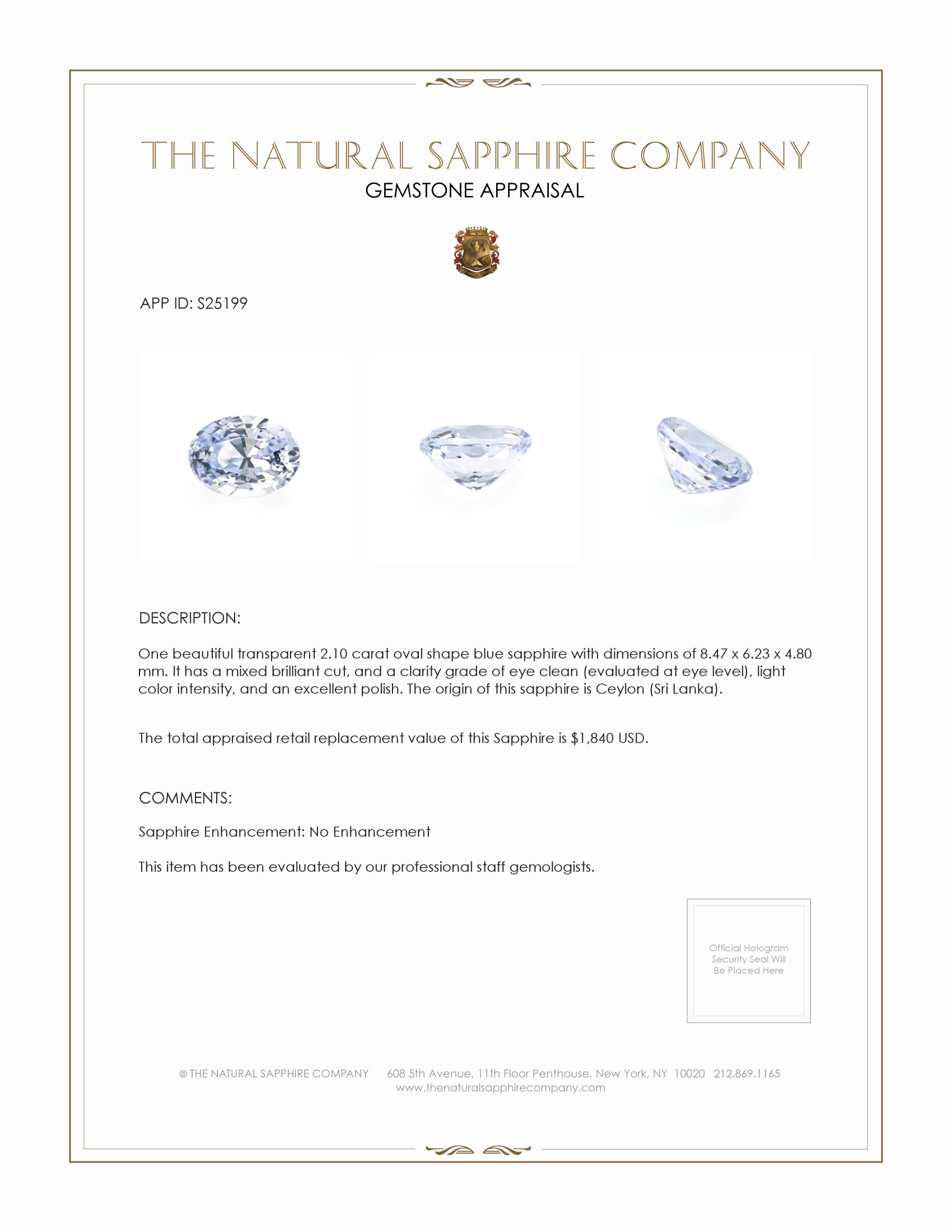 2.10 Ct. Blue Sapphire from Ceylon (Sri Lanka)